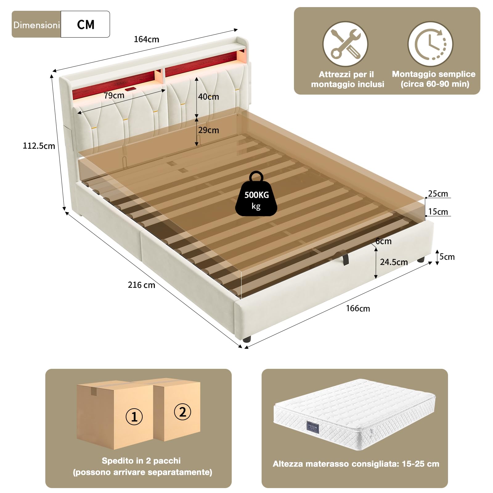 Cama Canapé 160x200 cm Queen Size con Pistones de Gas, Cabecero Reclinable, Terciopelo con LED y Type-C, 500kg (Sin Colchón)