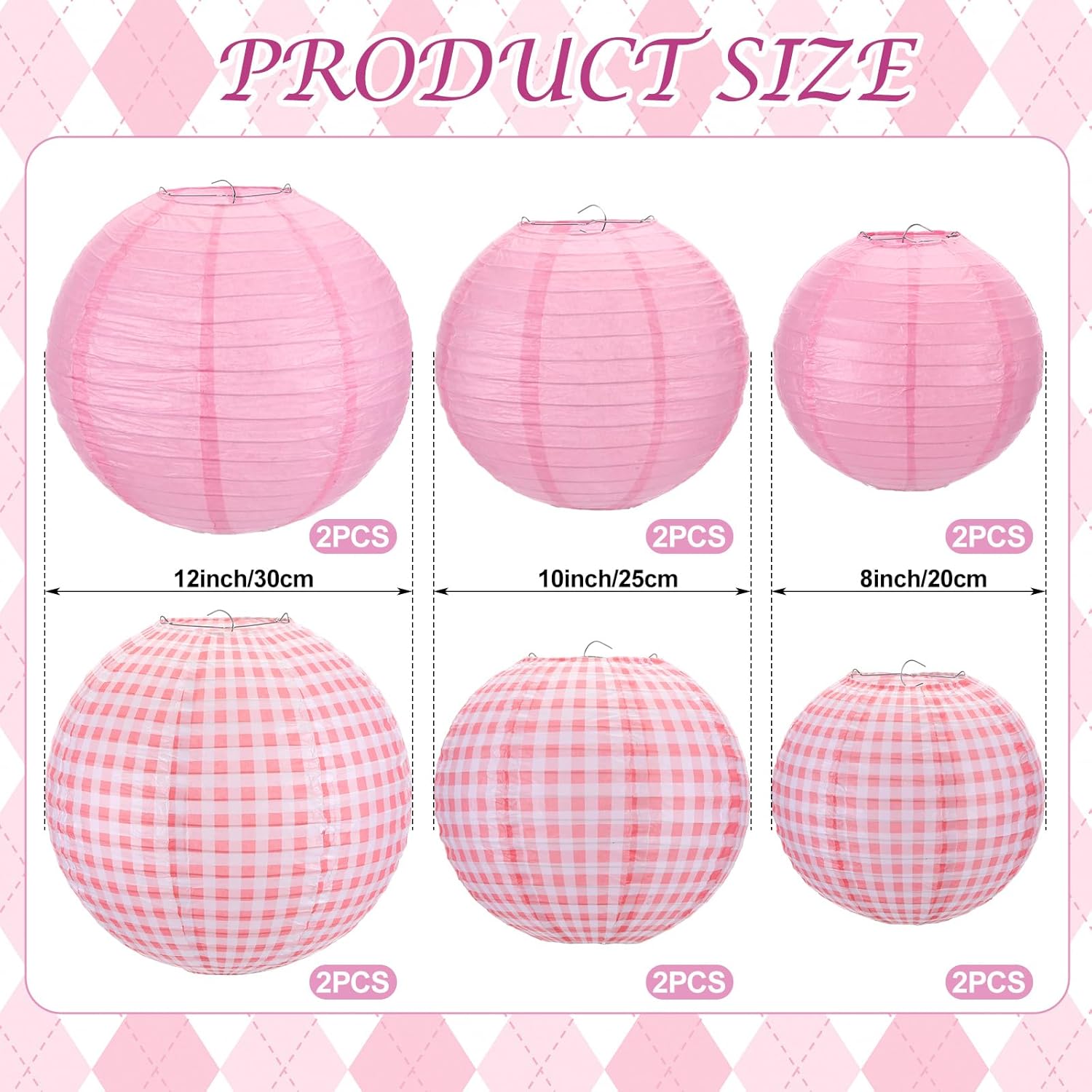 12 Pcs Pink Gingham Party Decoration Pink and White Paper Lanterns Checkered Plaid Hanging Chinese Round Paper Lanterns for Baby Shower Graduation Birthday BBQ Wedding Picnic Home Decor
