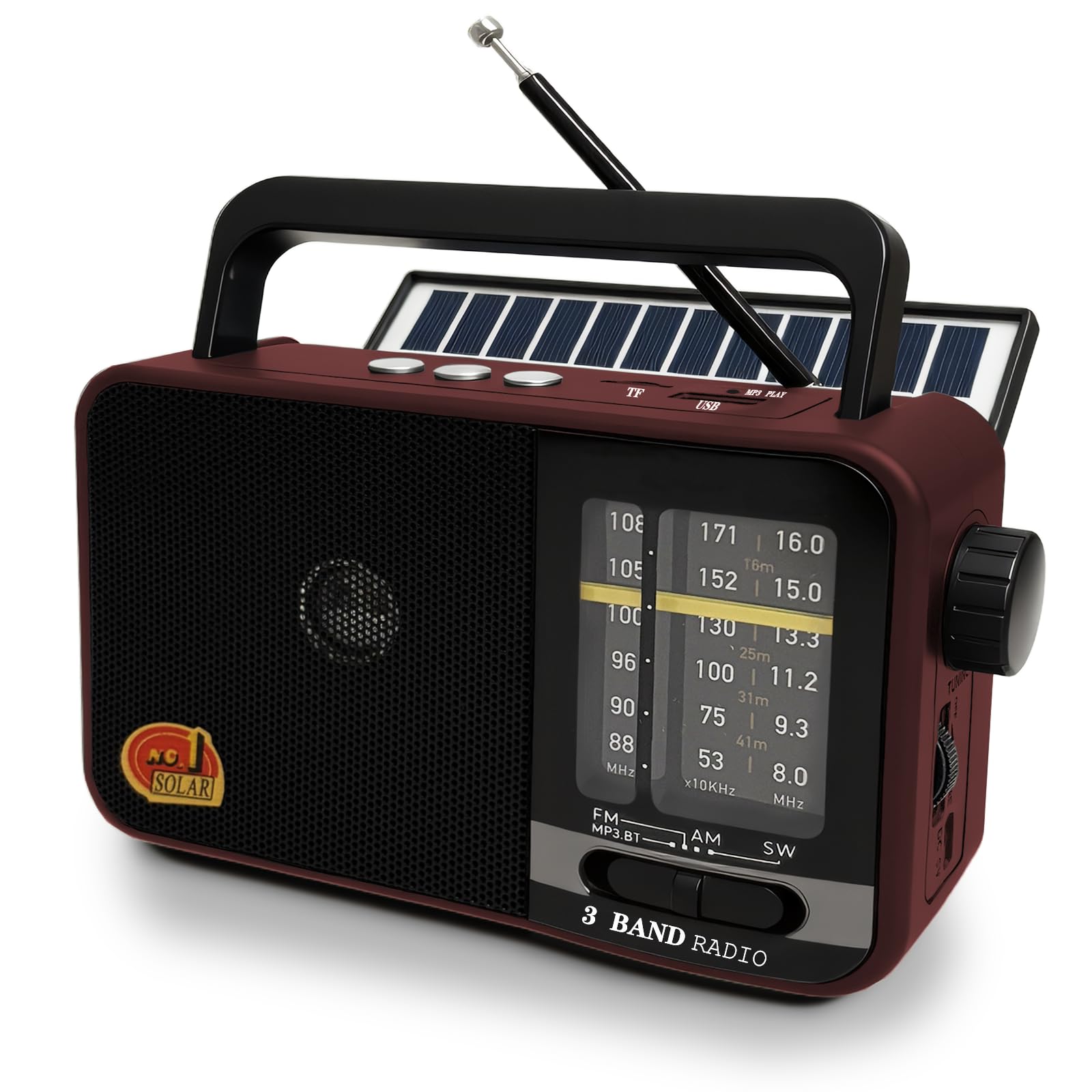 Bluetooth Radio mit Solarzelle, AM/FM/SW Kofferradio mit 1200-mAh-Akku, 8-W-Lautsprecher, USB/TF/TWS, tragbar für Küche, Garten und Camping (Red)