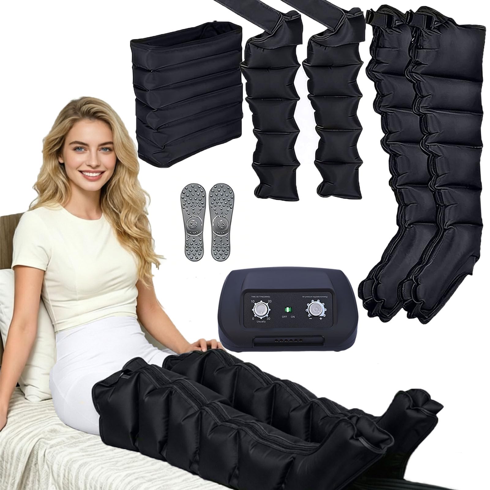 Presoterapia Piernas y Abdomen y Brazos para Casa︱Masajeador de Piernas 6 Camaras Maquina Drenaje Linfatico︱0-240 mmHg Ajustable,0-30 min