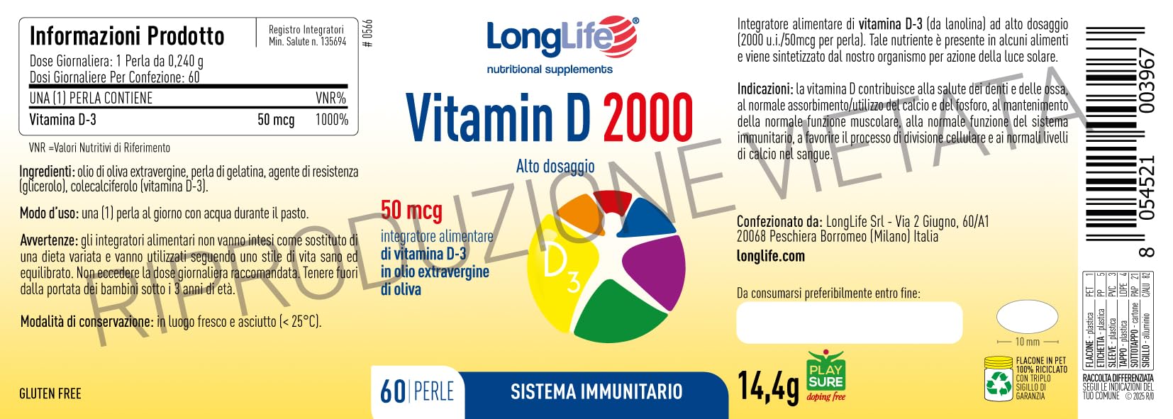 LongLife® Vitamin D 2000 | Vitamina D3 naturale in olio EVO | Alto dosaggio | Difese immunitarie, salute di ossa e denti | Metabolismo del calcio | 2 mesi di trattamento | Senza glutine e doping free
