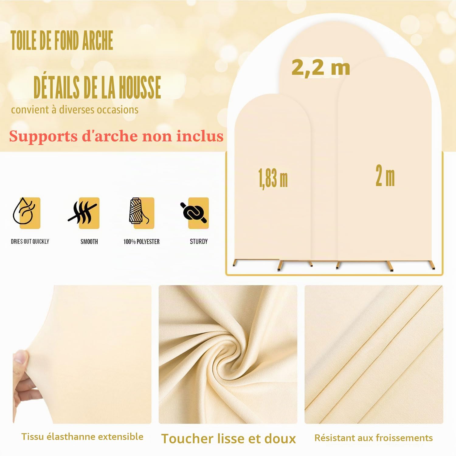 FUHSY Lot de 3 housses de toile de fond en élasthanne pour arche de mariage - Beige - 1,8 m, 2 m, 2,2 m - Pour décoration de fête d'anniversaire