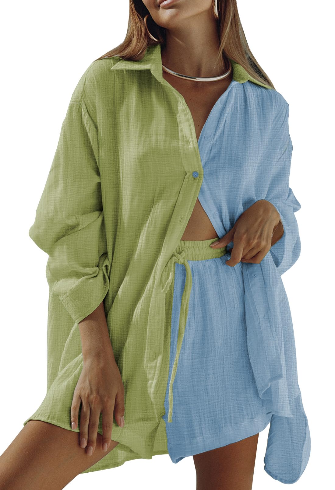 Fixmatti Women 2 Piece Outfits Long Sleeve Button Down Blouse and Shorts Sweatsuit Sets Colorblock Medium