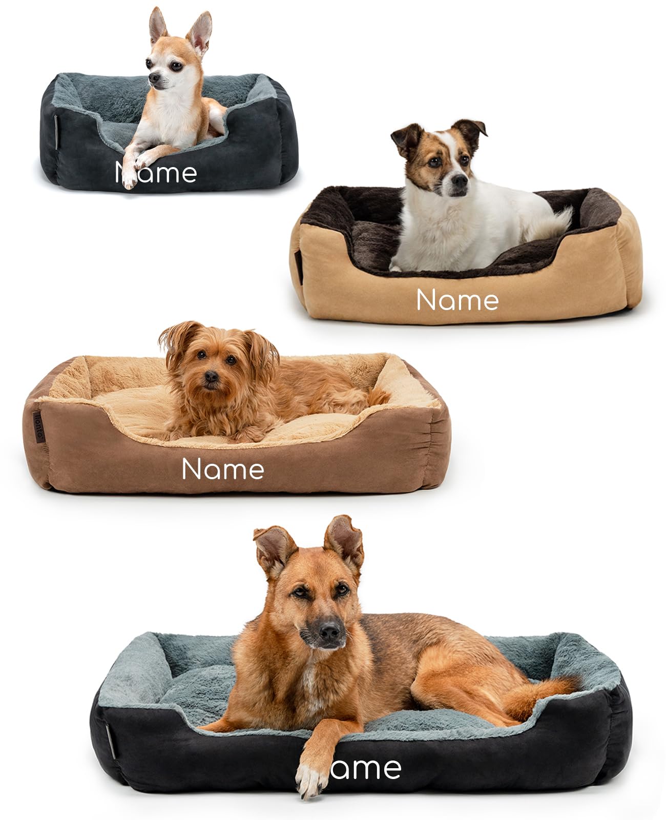 lionto Cama para Perros con cojín Reversible y Base Antideslizante, cojín para Mascotas con Entrada Baja para Perros y Gatos, 75x60 cm, cojín para Perros Acogedor, Negro/Gris (con Nombre Impreso)