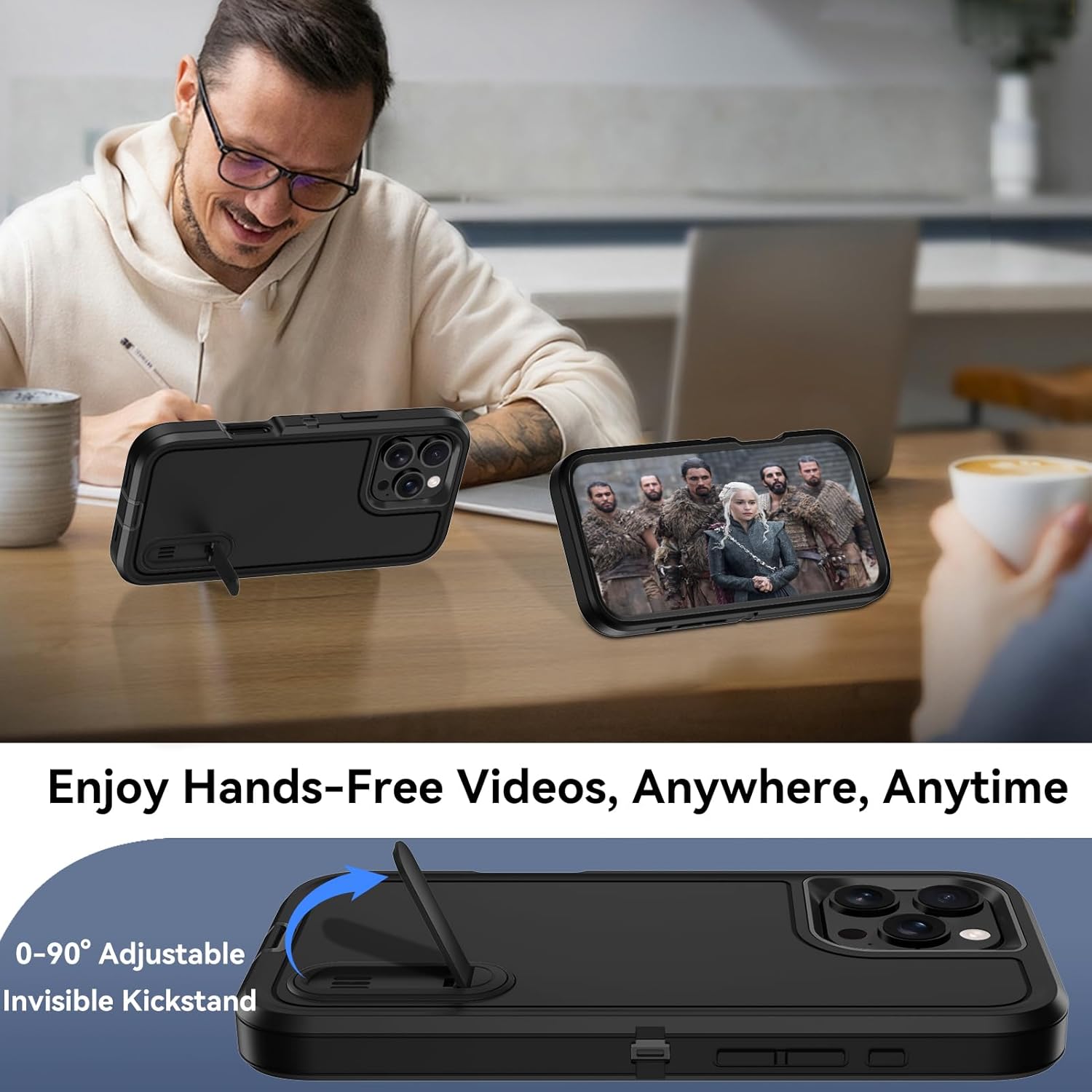 for iPhone 16 Pro Max Case with Built-in Invisible Kickstand,[2* Screen Protector] Military-Grade Protection Shockproof Protective Cover Rugged Stand Phone Case for iPhone 16 Pro Max (Black) - Image 4