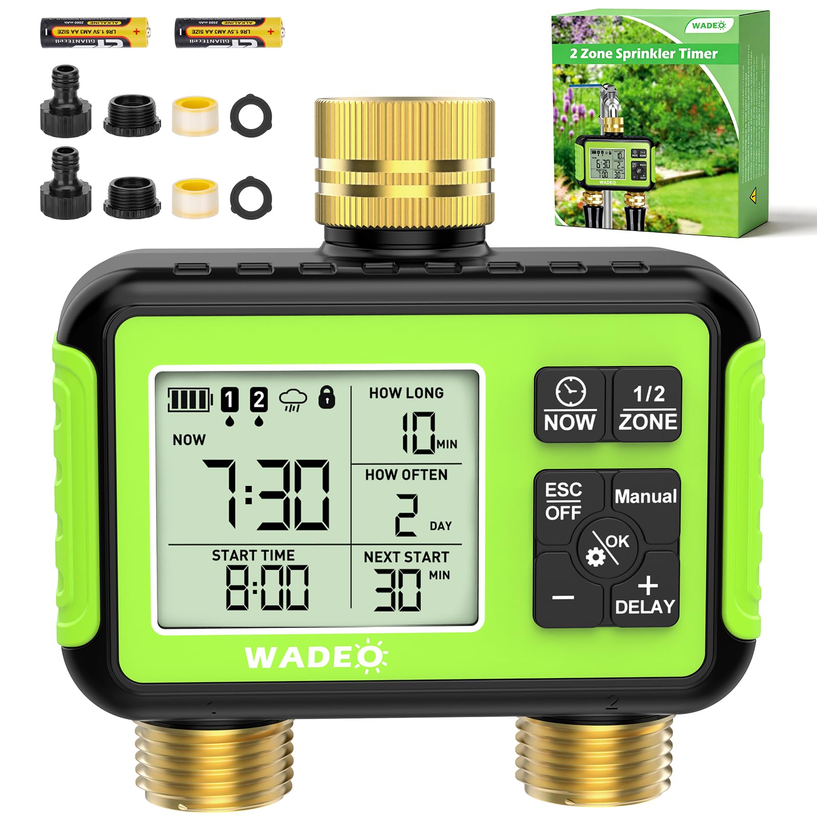 WADEO Timer per Irrigazione, [Raccordi in Ottone] [2 Uscite], Programmabile Automatico/Manuale/Ritardo Pioggia/Blocco Bambini per Giardino, Prato, Patio, Fattoria