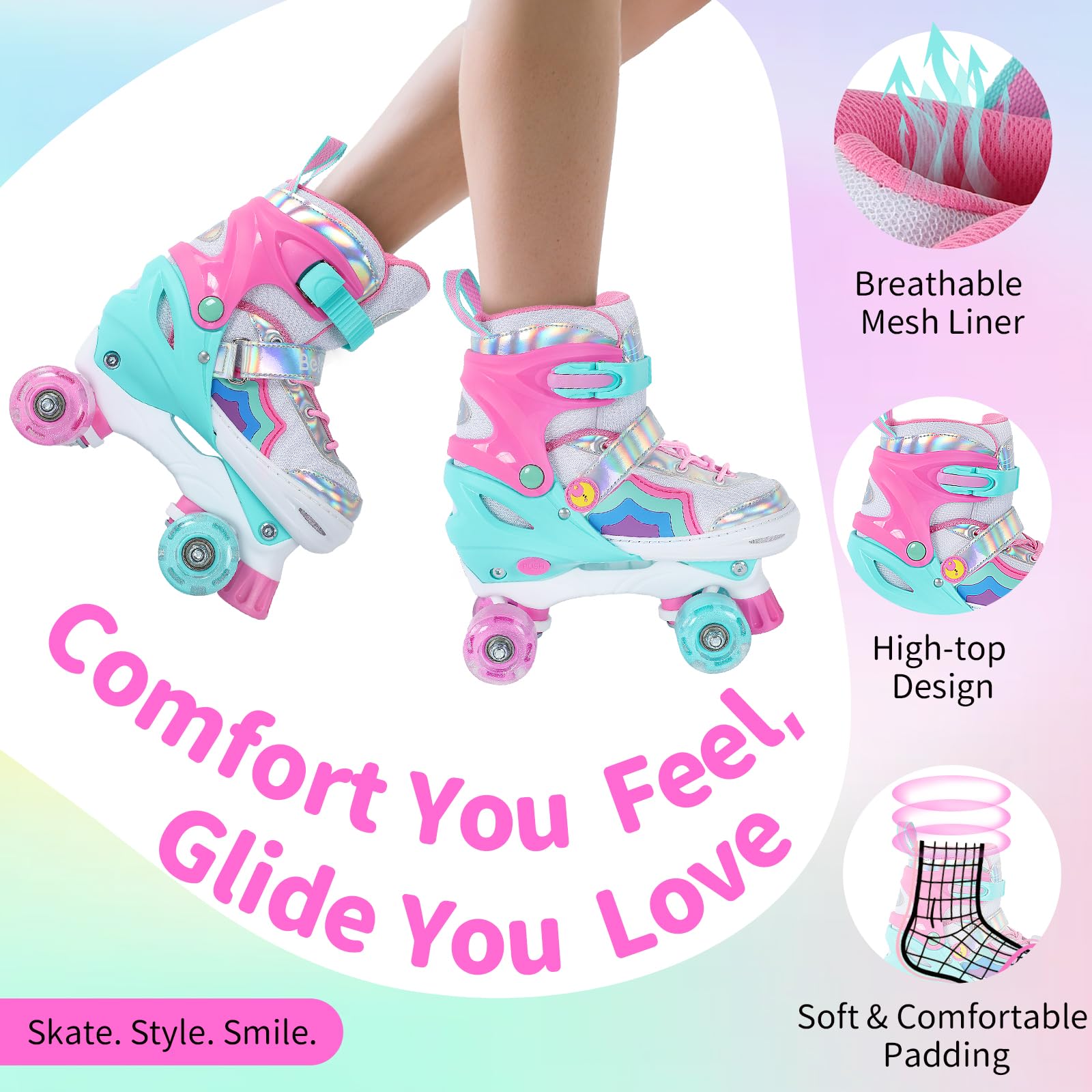 BELEEV Kids Roller Skates for Girls, 4-Size Adjustable Quad Skates with 8 Light-Up LED Wheels & Bonus Shoe Lace, Safe & Fun for Toddlers Children Beginners, Ideal Birthday