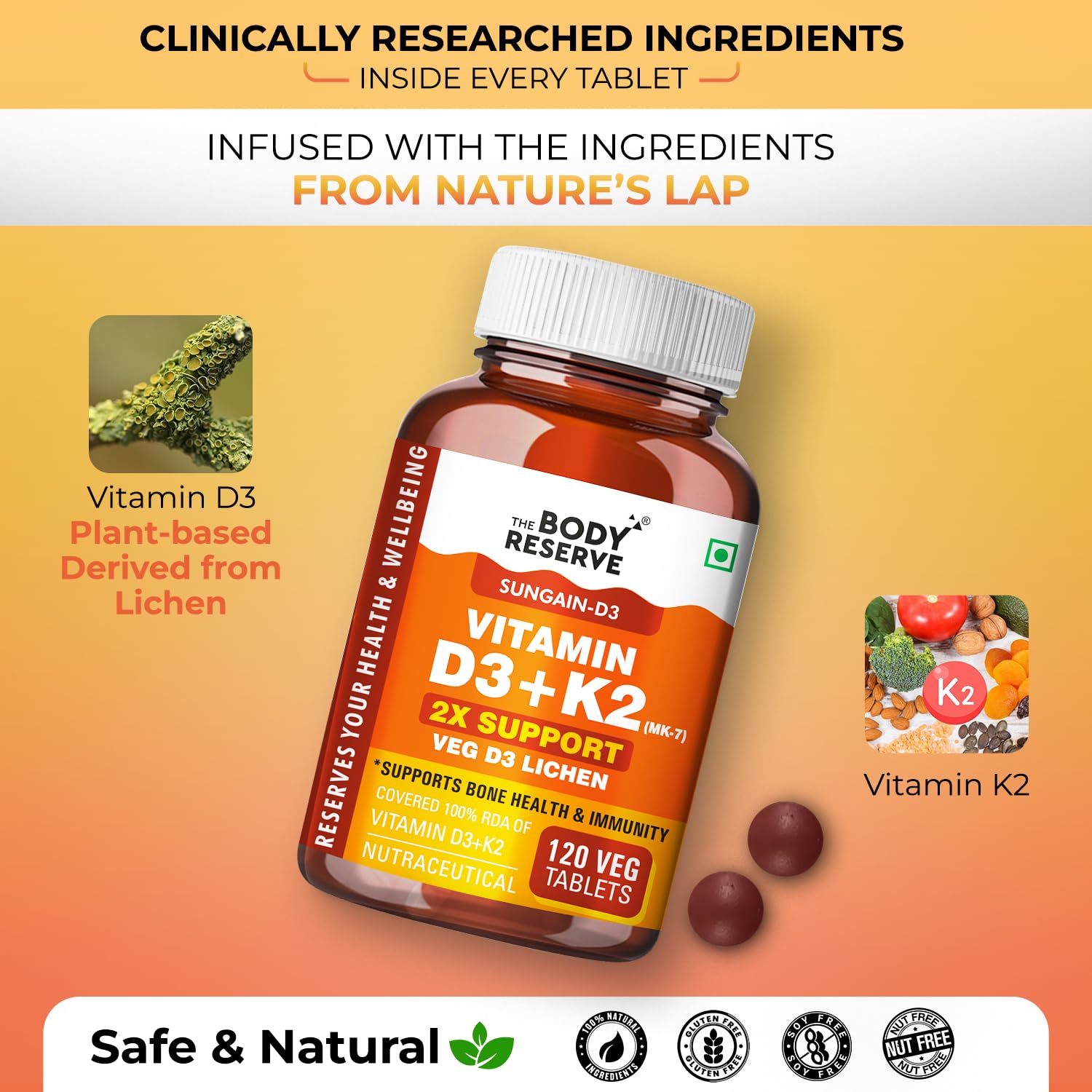 The Body Reserve Vitamin D3 K2 MK7-120 Veg Tablets, 100% RDA Plant-Based Vitamin D3 Supplement from Lichen Source with Vitamin K2 as MK7 Menaquinone 2