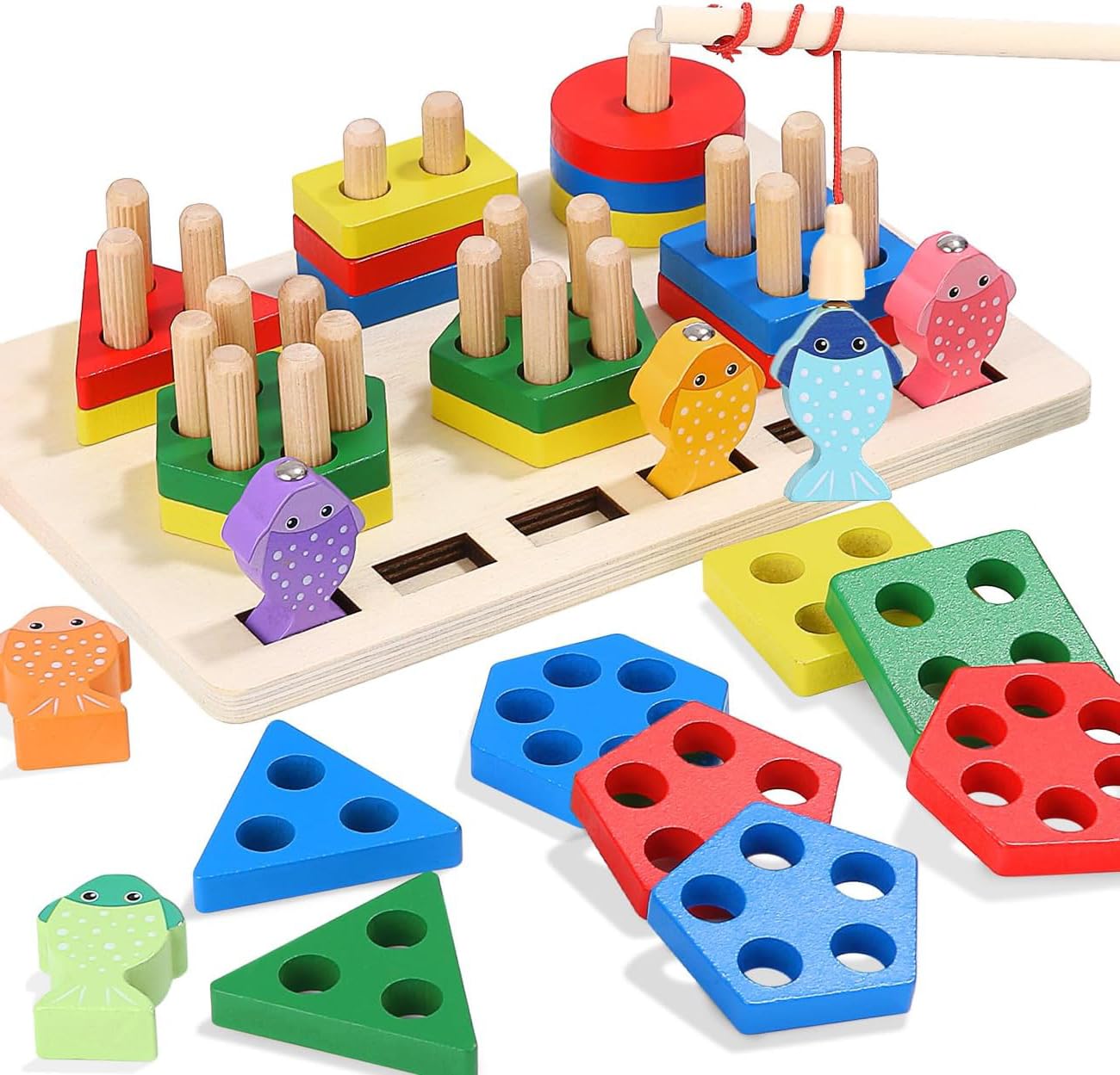 Xndryan Wooden Toys for 1 Year Old Girls Boys, Shape Sorter Montessori Toys for Toddlers, 2-in-1 Educational Learning Shape Sorter And Wooden Fishing Game, Sensory Toys for Autism Toddler Toys