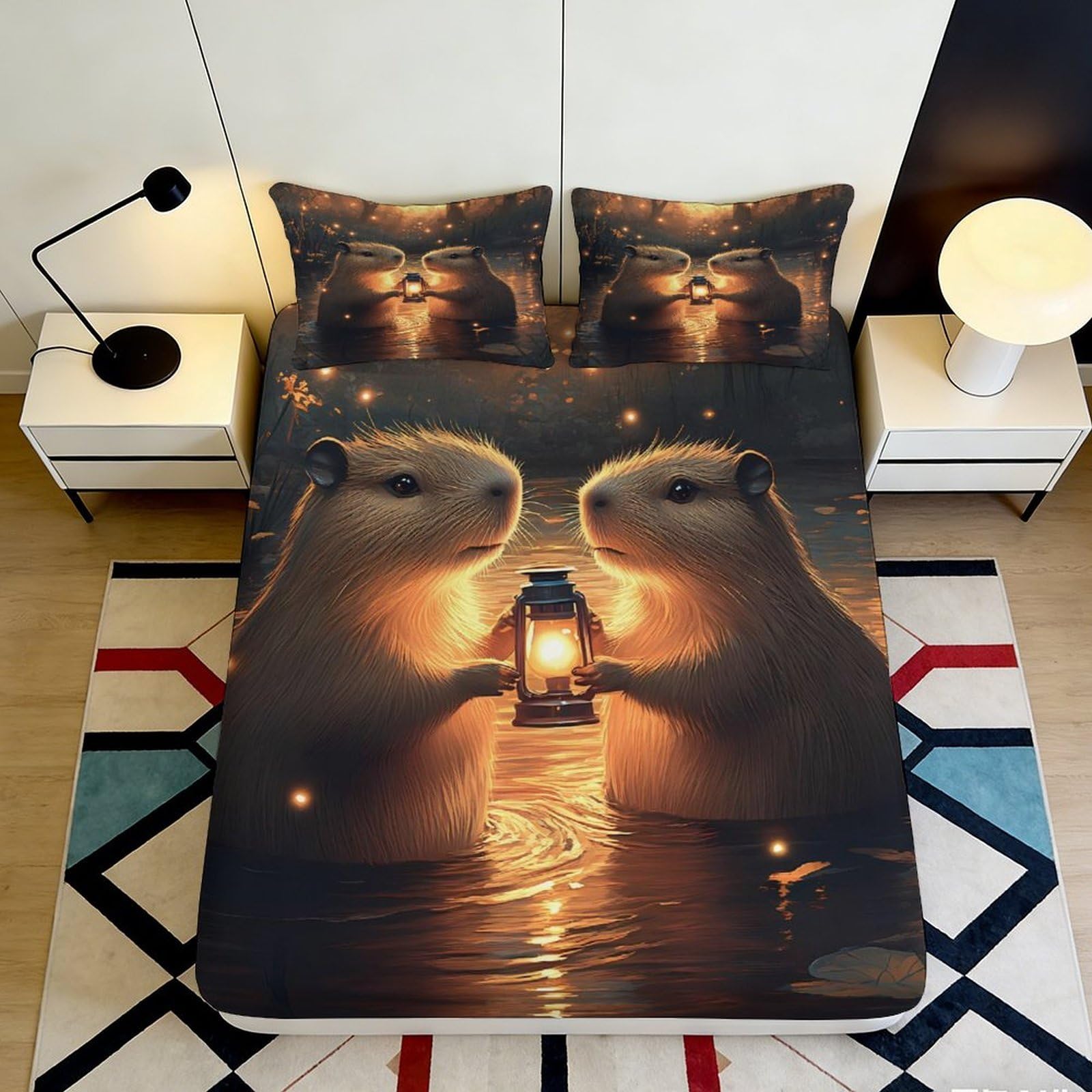 3D Printed Cute Capybara Fitted Sheet Microfiber Soft Breathable Animal Lantern Bed Cover for Bedroom Dormitory Guest Room Mattress Protection 140x200x25cm