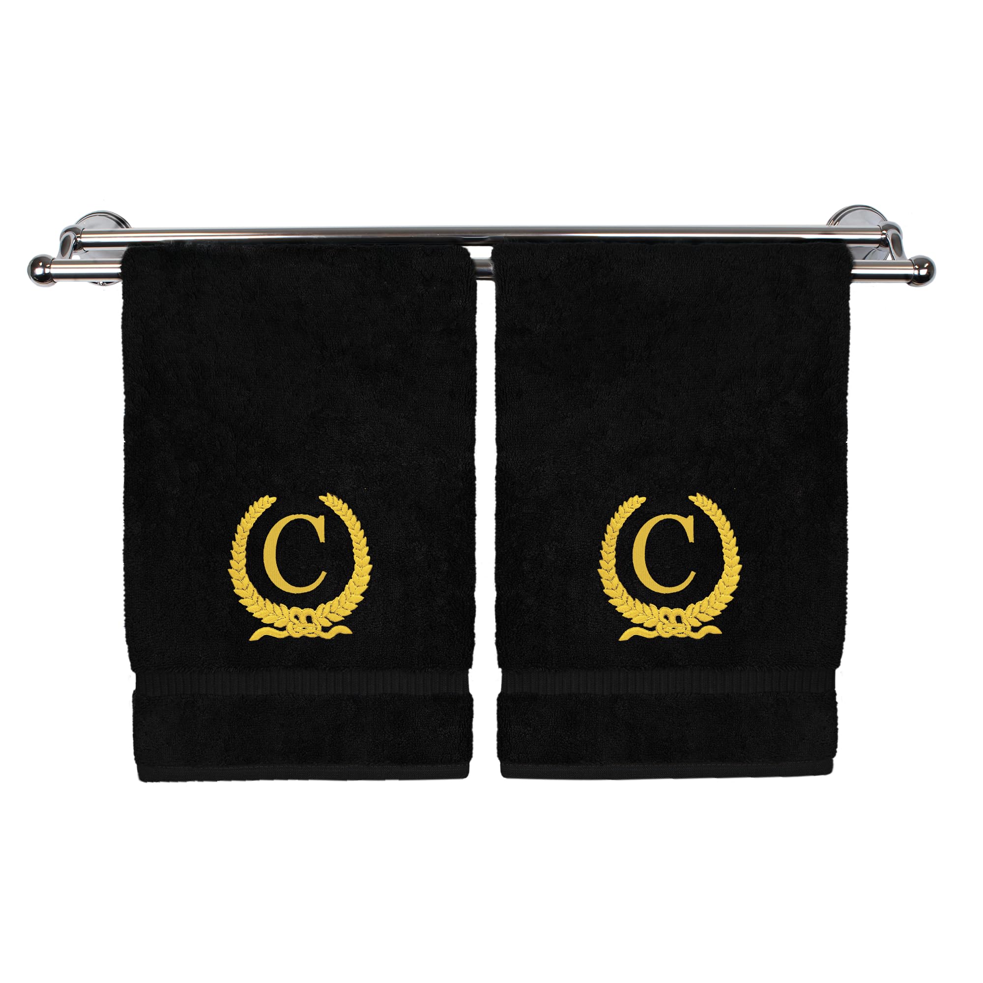 Monogrammed Hand Towel, Personalized Gift, 16 x 30 Inches - White Letter Embroidered Gold Wreath Design on Black Towel - Extra Absorbent - 100%