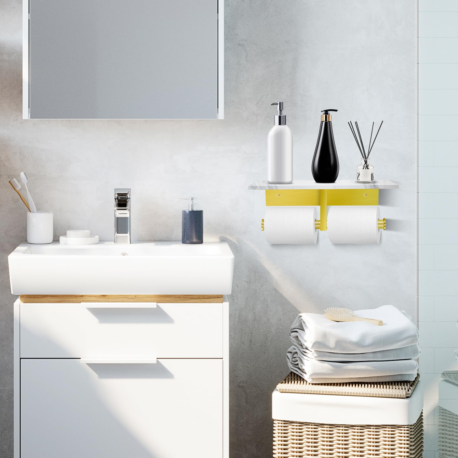 Soporte de papel higiénico con estante, soporte de pared doble para papel higiénico y 2 ganchos adhesivos para baño, soporte de papel higiénico de mármol dorado