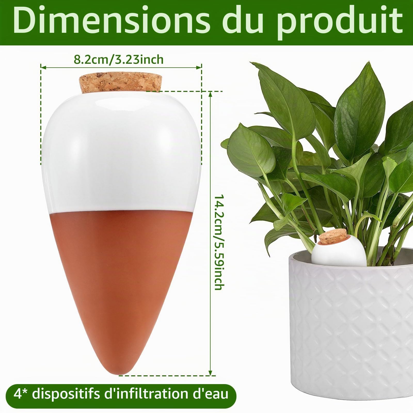 Lot de 4 globes d'arrosage pour plantes en terre cuite - 320 ml - À libération lente - Pour l'intérieur et l'extérieur - 8,2 x 8,2 x 14,23 cm