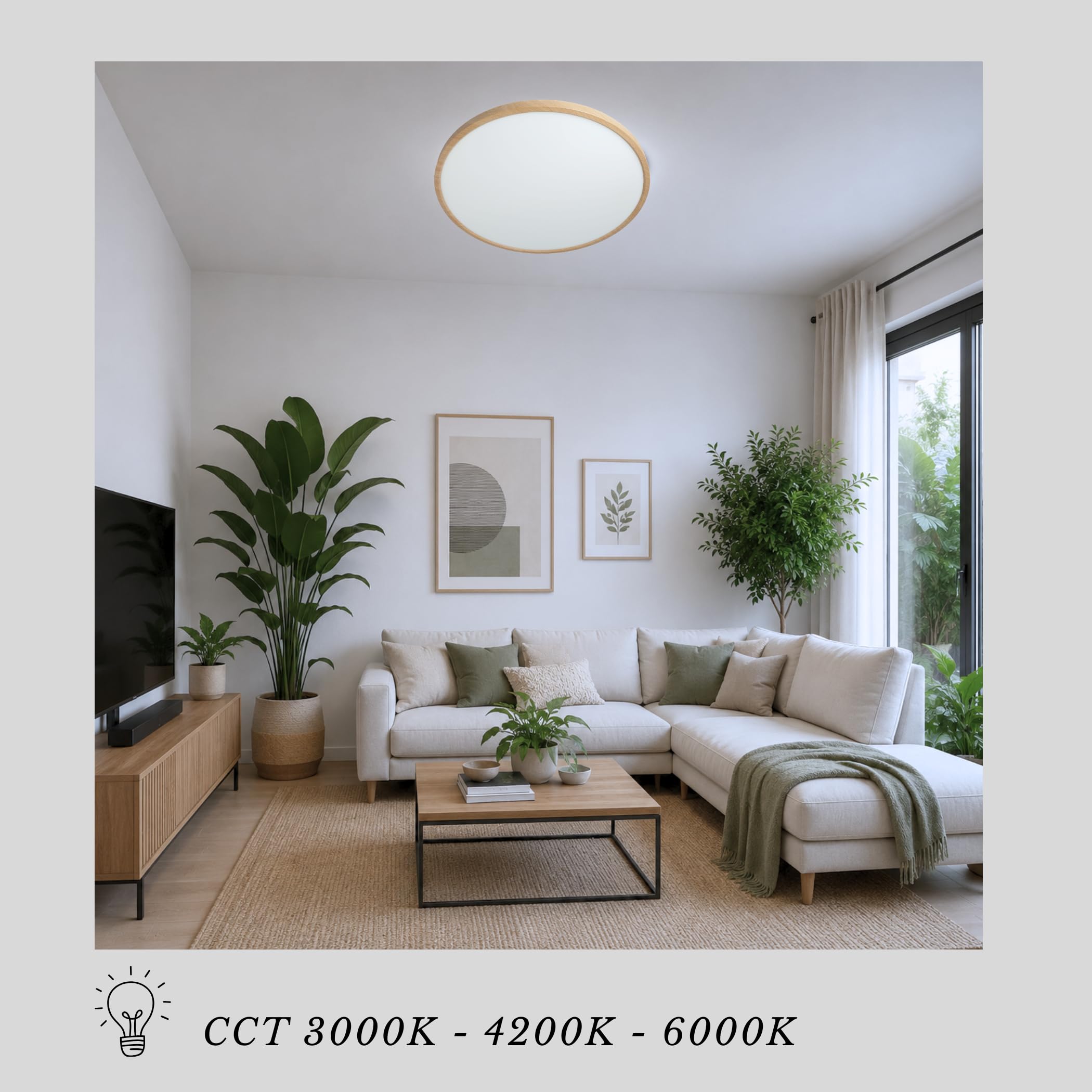 Jandei - Plafón LED 48W CCT, 60cm diámetro, acabado Madera, elegante, Lámpara Redonda. Perfecto para Casas, Salones, Dormitorios. Color blanco cálido 3000K y frío 6000K.