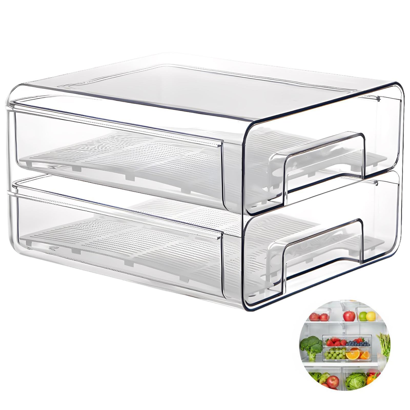 Dwuwarstwowy organizer na lodówkę 9,7 x 21 x 14 cm, przezroczysty pojemnik do układania w stos, z deską odpływową i ochroną jajek na owoce, warzywa