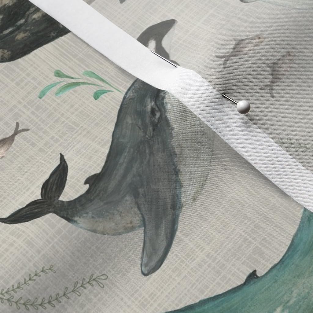 Spoonflower Fabric - Sage Green Whale Watercolor Nautical Coastal Sea Life Ocean Animals Printed on Satin Fabric by The Yard - Sewing Lining Apparel Fashion Blankets Decor