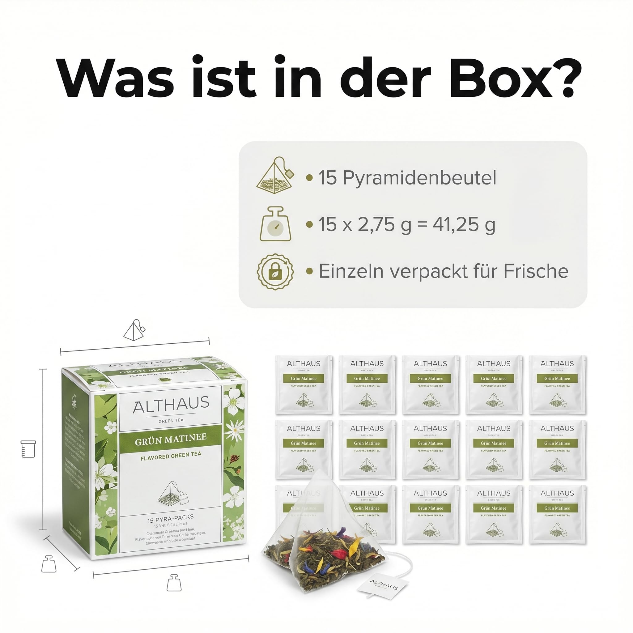 ALTHAUS Grüner Tee Grün Matinee, aromatisierter Sencha Tee mit Blüten, 15 Pyramiden-Teebeutel, einzeln verpackt, 41,25 g, Grüntee Beutel, 6 x 15 Beutel = 90 Portionen