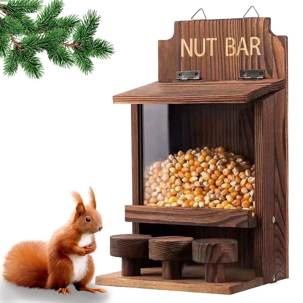 NAVESO Wooden Squirrel Feeder, Squirrel House Nesting Box for Nuts Corn Peanuts