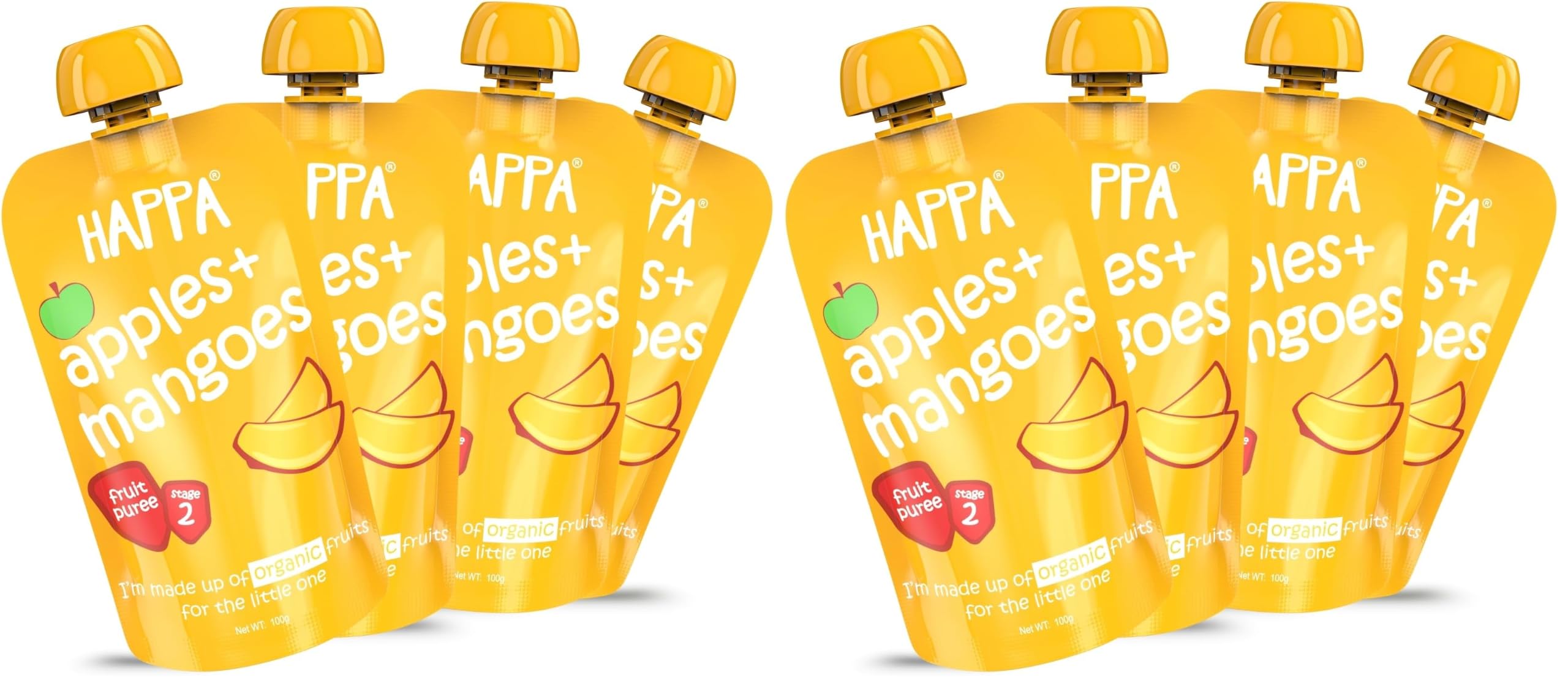 Happa Organic Baby Food Apple and Mango Puree | 100% Fruits | No Added Sugar, No Milk Powder, No Preservatives | Stage 2 (6 Months+) | Ready to Eat | Free from Common Allergens | Pack of 8 (100g Each)-image-27