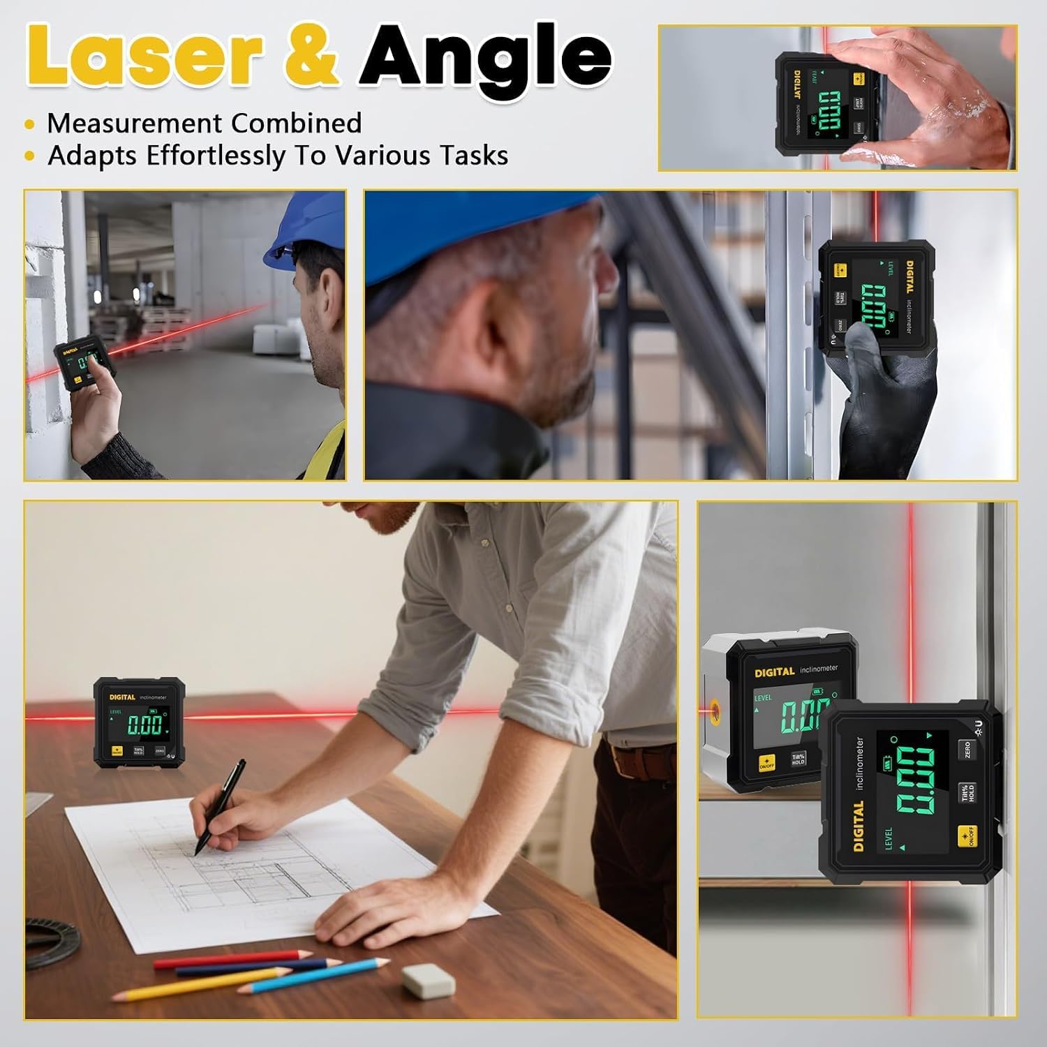 4-Side Magnetic Digital Angle Gauge with Laser Measuring, Digital Level