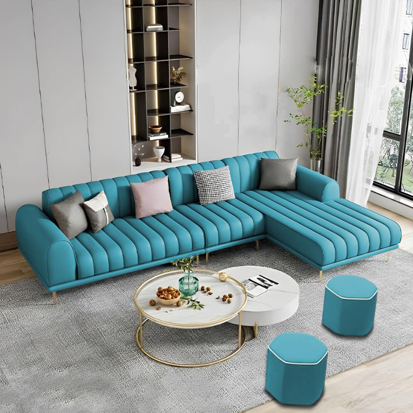 Casaliving Herrick RHS 6 Seater L Shape Sofa Set with 2 Puffy for