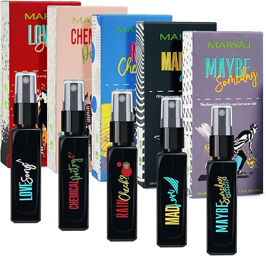 Maryaj Love Song EDP and Chemical Poetry EDP and Rain Check? EDP and Mad Love EDP and Maybe Someday EDP (Pack of 5, Each 8ML) Long Lasting Scent Spray Gift For Men and Women