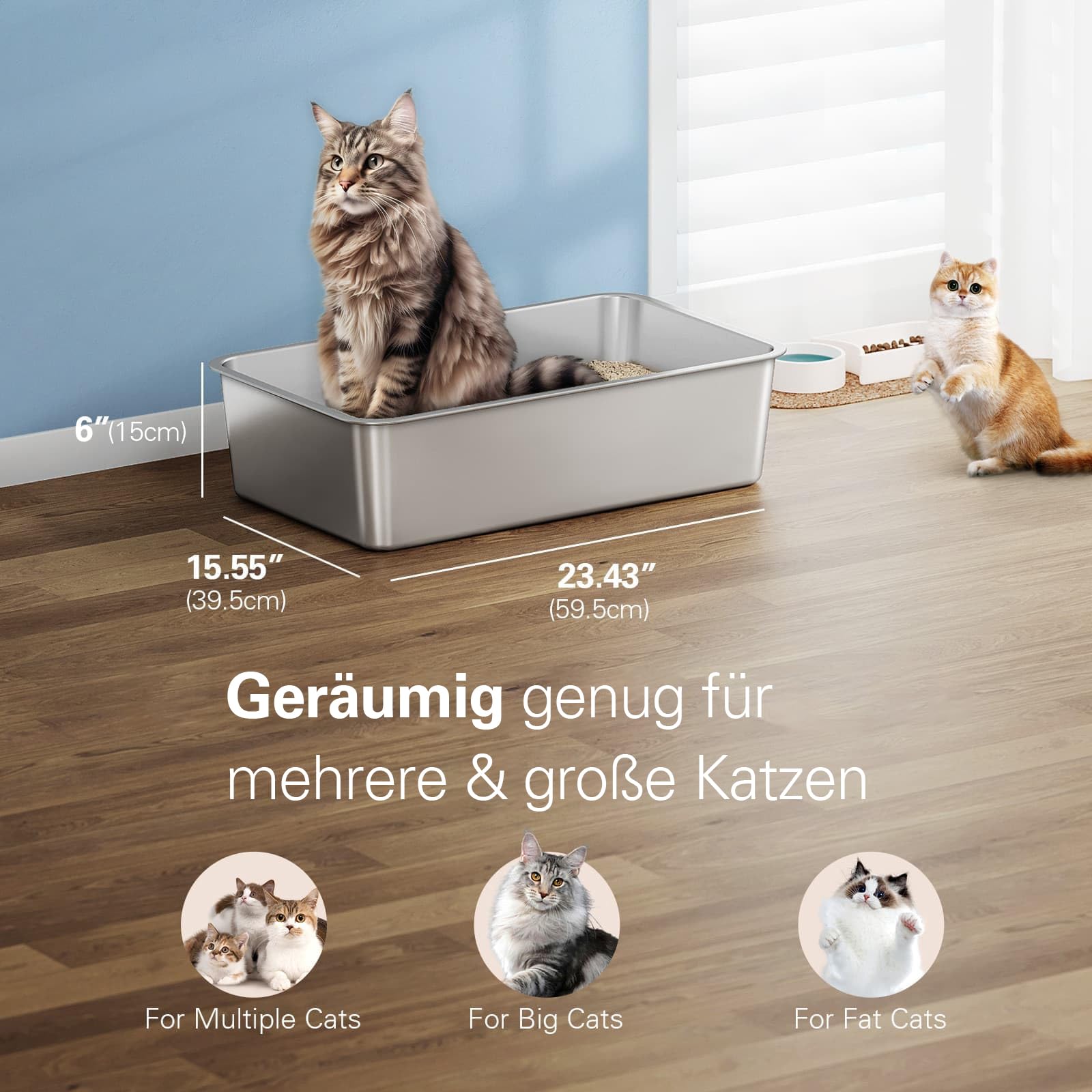 Barhon Katzenklo Edelstahl XXL 60 x 40 x 15 cm, Katzentoilette Edelstahl groß für Großkatzen mit hoher Seite, Katzenklo Metall Nicht klebend, leicht zu reinigen