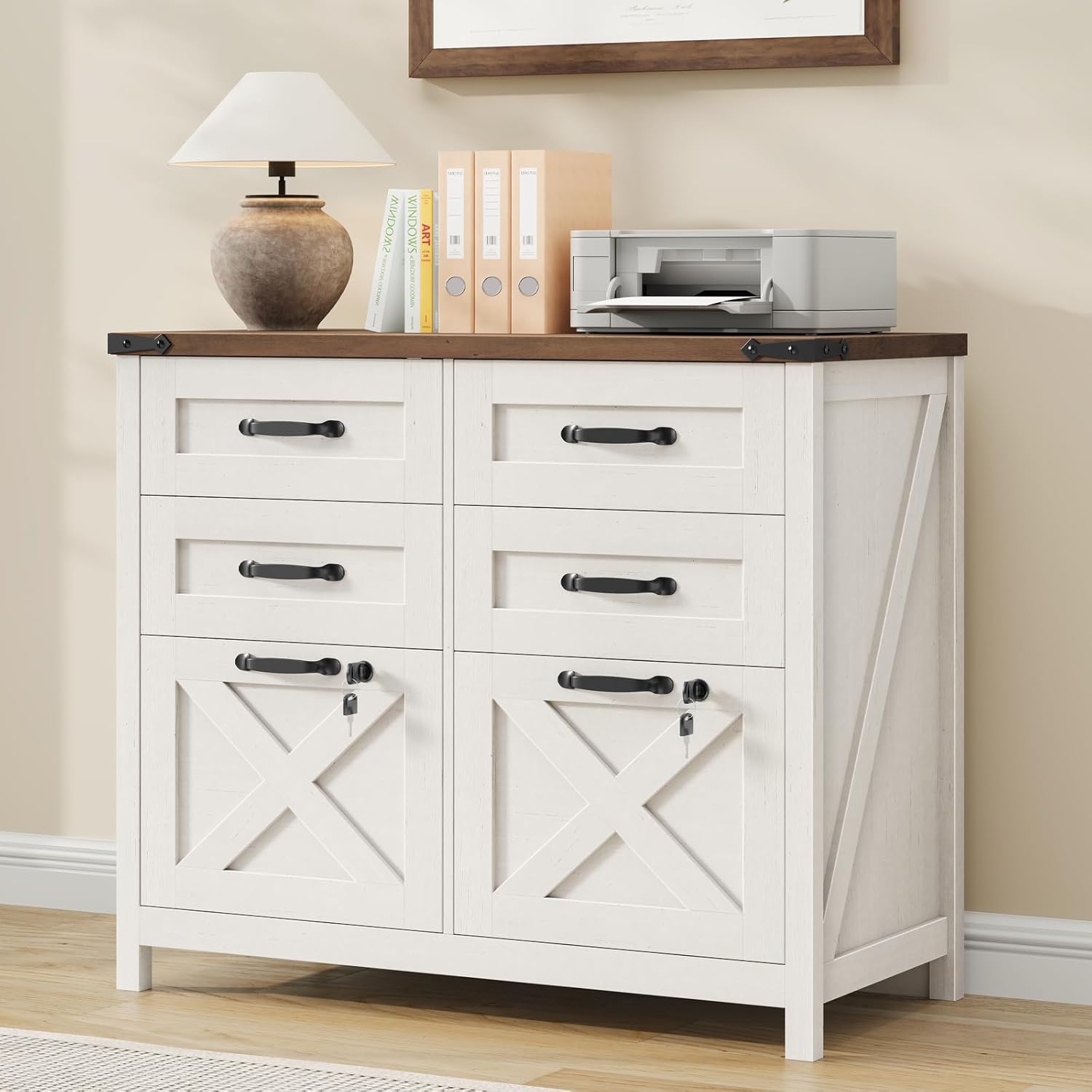 Vabches Lateral File Cabinet with 6 Drawers, Farmhouse File Cabinet with Lock for Letter/A4 Size, Large Wood File Storage Cabinets Printer Stand for Home Office Cabinets, Rustic White