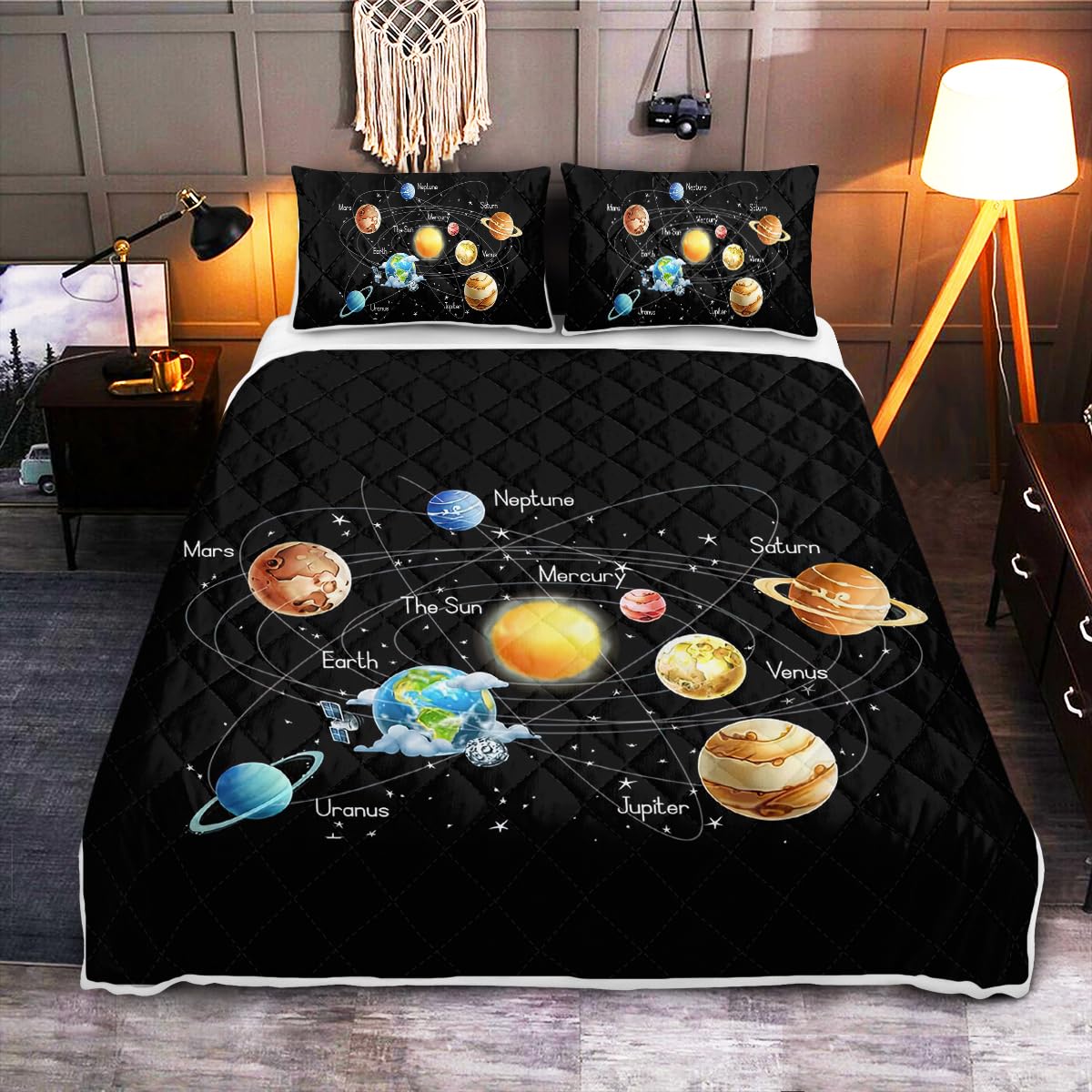 SOULZZZ Sky Planet Coverlet Queen Size for Girls Boys Teens Kids Astronomy Universe Planets Quilt Set Galaxy Outer Space Black Comforter Set 1 Quilt and 2 Pillowcases