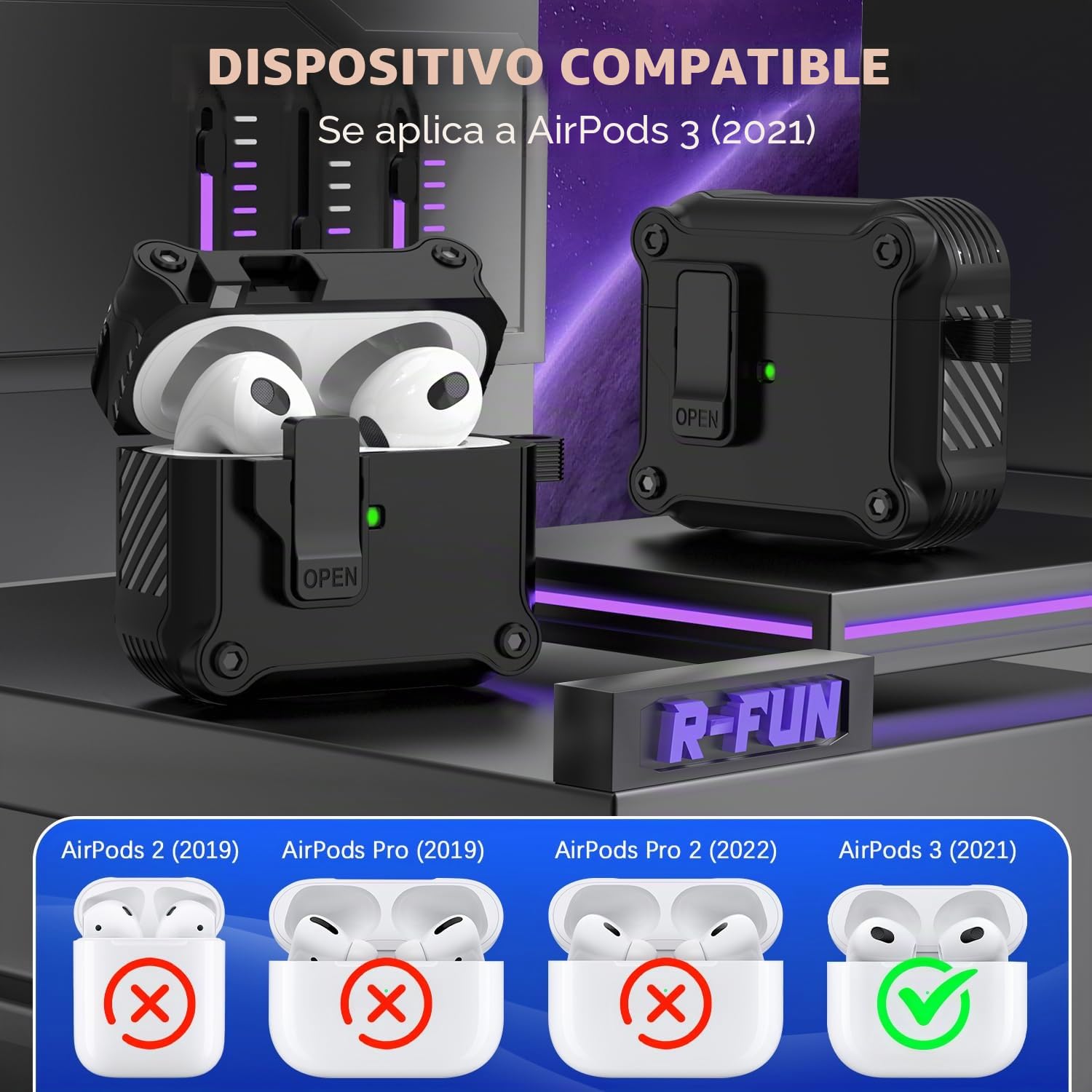 R-fun Compatible con AirPods 3ª Generación 2021 Funda de Carga, Protección Total contra caídas Auto Pop-Up Tapa Compatible con Apple Airpods 3 Gen Funda con Kit de Limpieza y Llavero,Negro | Funda compatible con Apple AirPods de 3ª generación (2019) con k