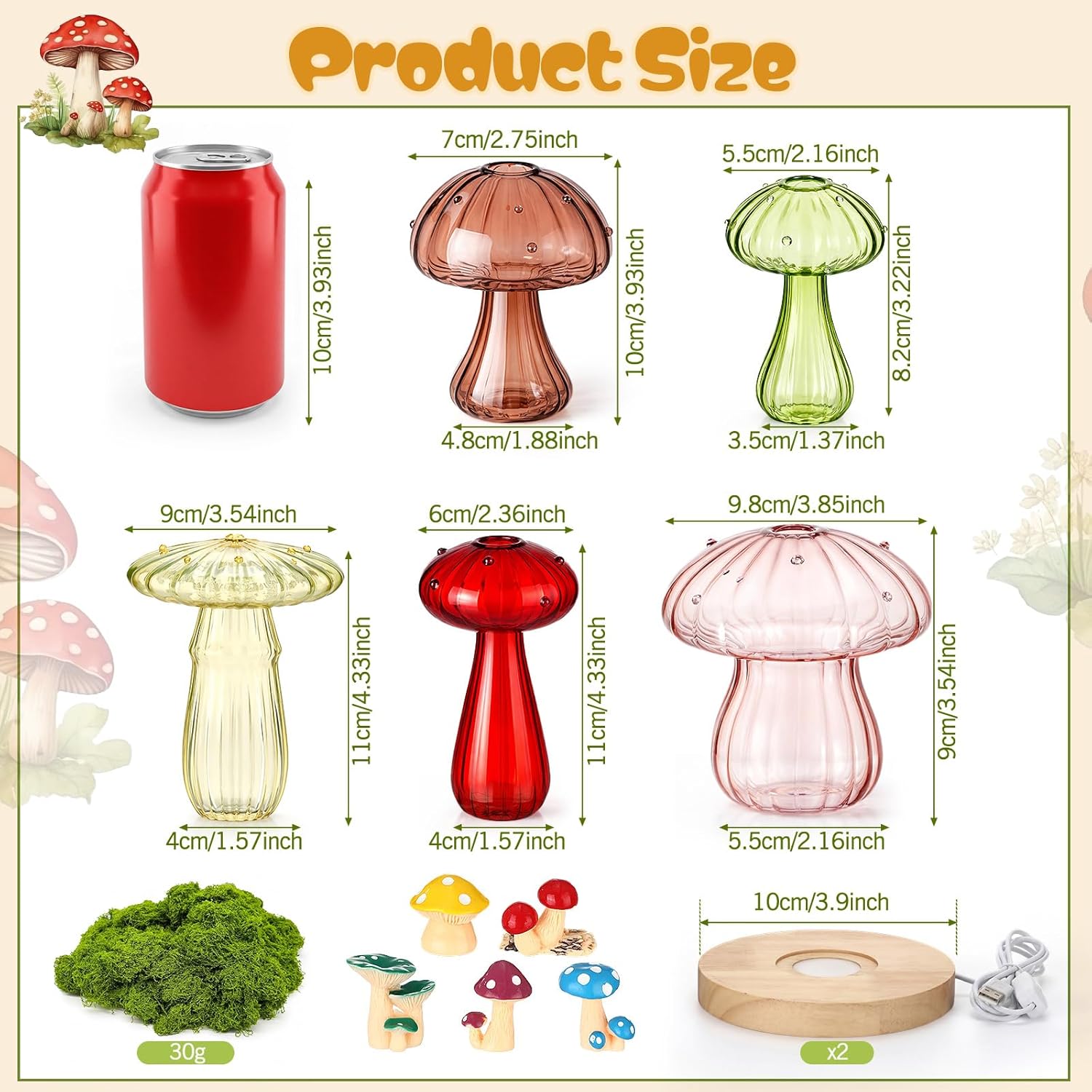 Mifoci 5 Pcs Mushroom Glass Propagation Vases with 2 Lighted Wooden Base, 5 Mushroom Figurines & Fake Moss, Cute Terrarium Plant Propagation Station Hydroponic Pots Indoor Spring Party Table Decor