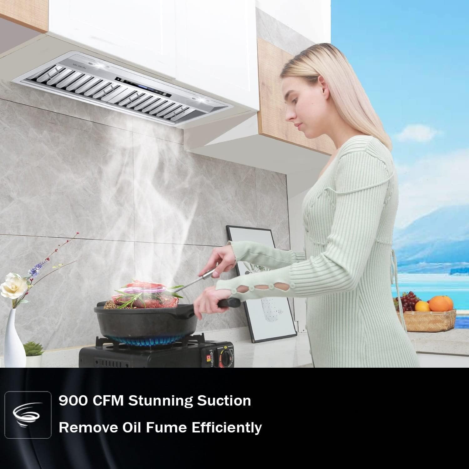 MCBON Range Hood Insert 36 Inch, 900 CFM Insert Range Hood, Touch Control Range Hood Insert, Remote & Gesture Sensing Vent Hood Insert, 4-Speed Hood Range Insert, Stainless Steel Range Hood, AE88-36