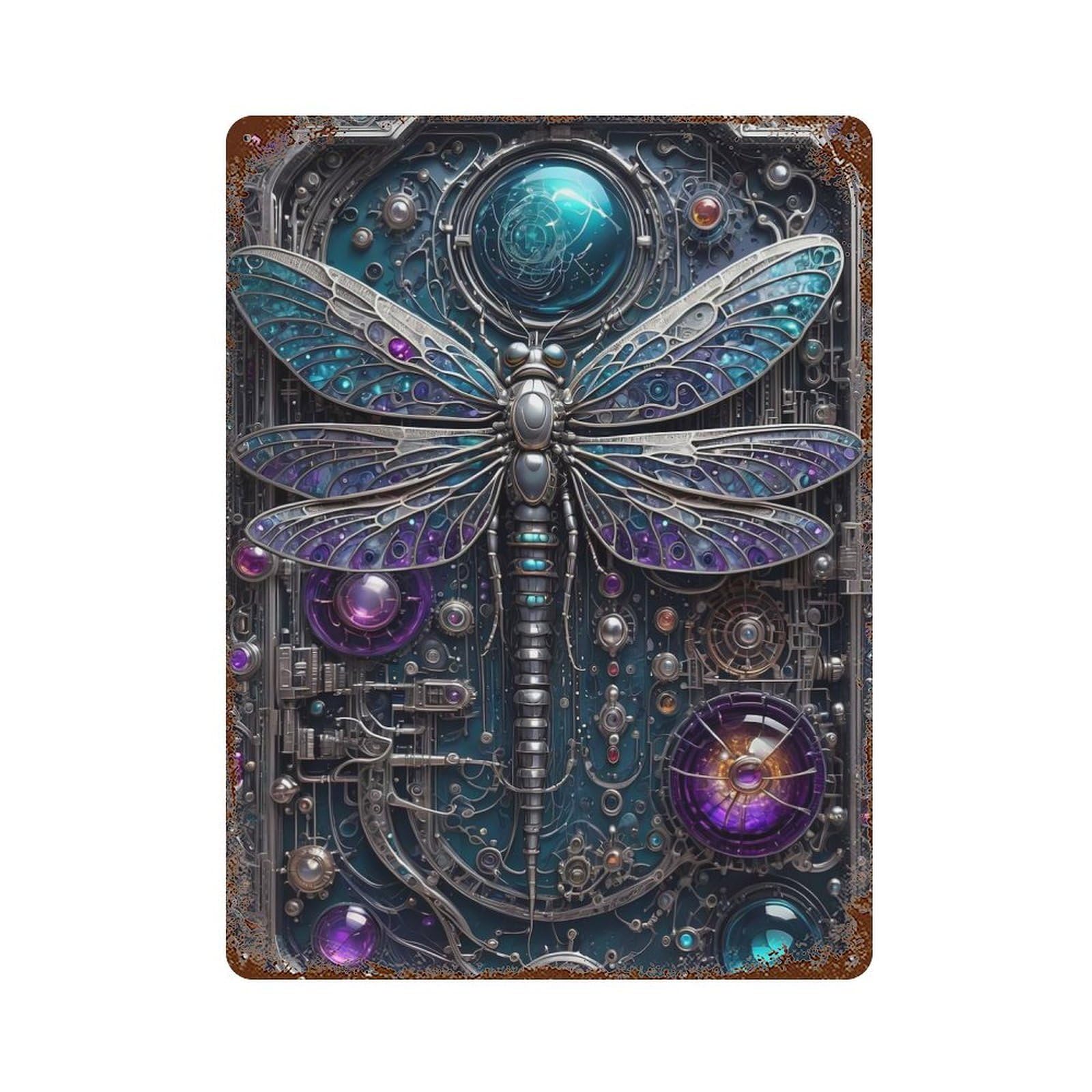 Steampunk Dragonfly Rust Effect Tin Sign 15.7"x11.8", Vintage Wall Decor for Bistro, Counter And Cafe Decor