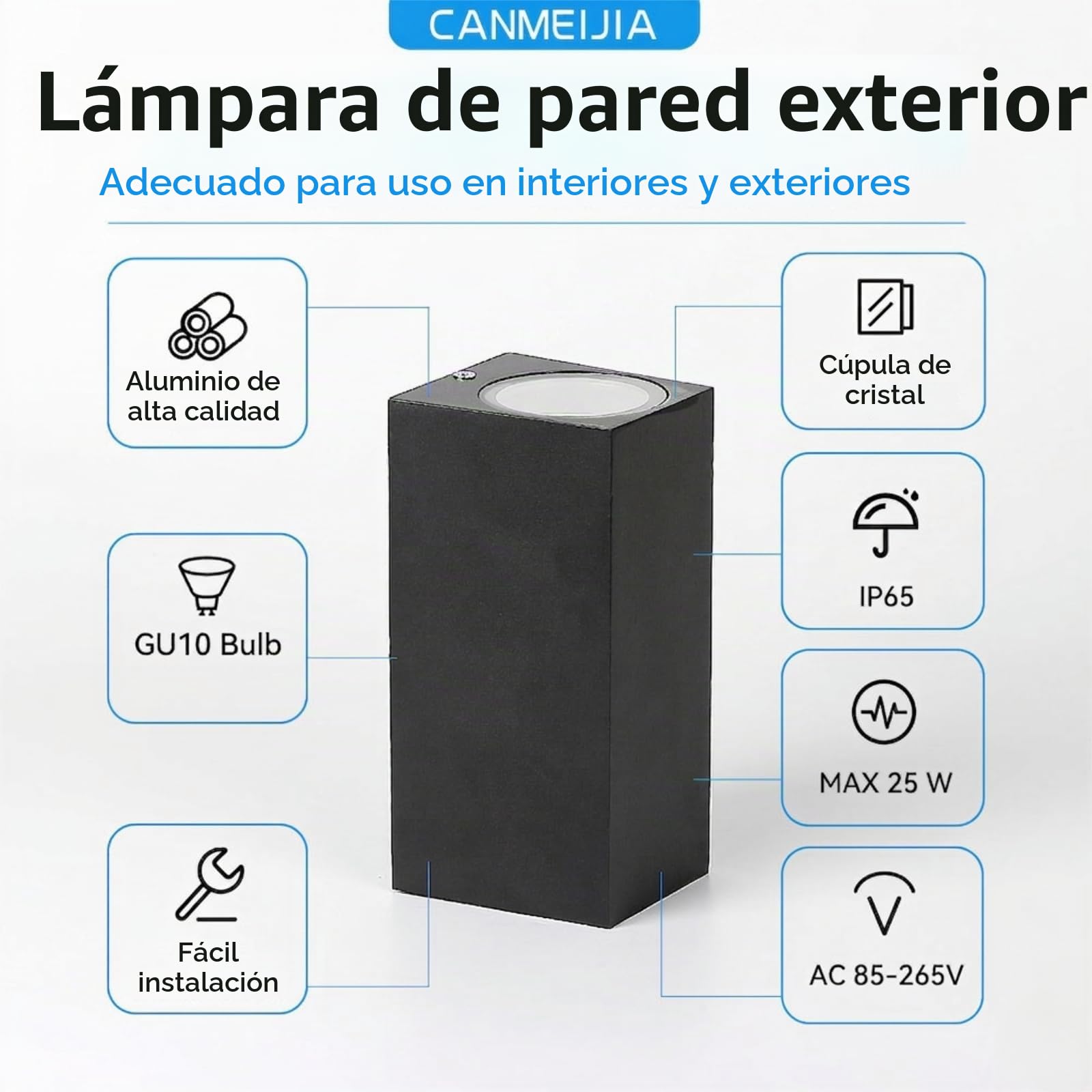 CANMEIJIA Aplique de Exterior Negro 2 Uds Lámpara Pared GU10 5W | Diseño cuadrado moderno en color negro mate que aporta una iluminación simétrica en fachadas y garajes del hogar