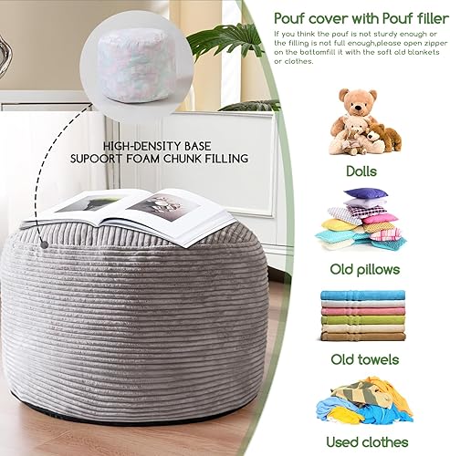 Miniatura 4 de HIGOGOGO Puf redondo de relleno otomano, pufs de pana con relleno de trozos de espuma, puf peludo y esponjoso, taburete de almacenamiento otomano,