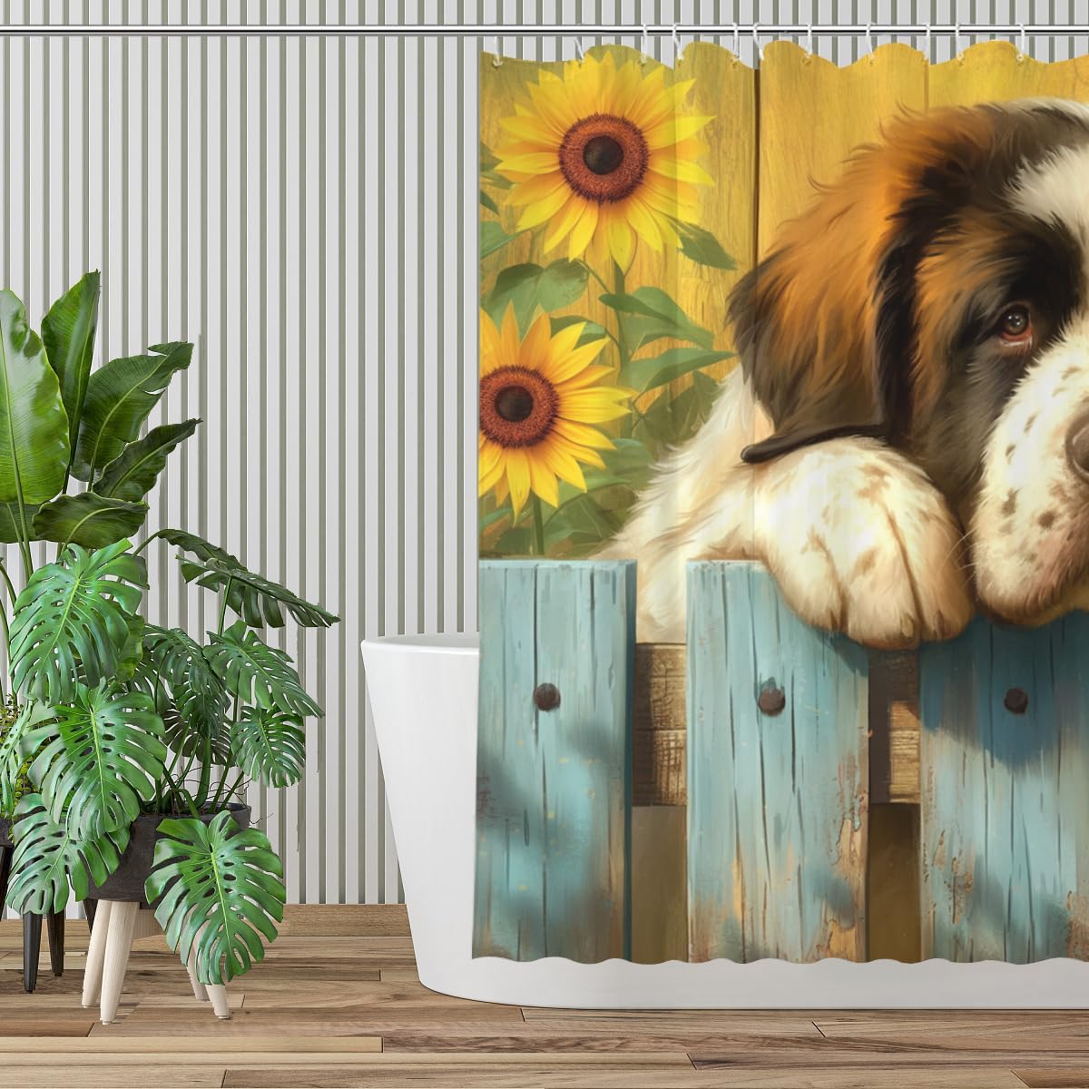 Sunflower Shower Curtain with 12 Hooks Floral Fabric Decorative Bathroom Saint Bernard Dog Shower Curtain Set for Summer Rustic Botanical Flower Bathroom Decor 72"x72"