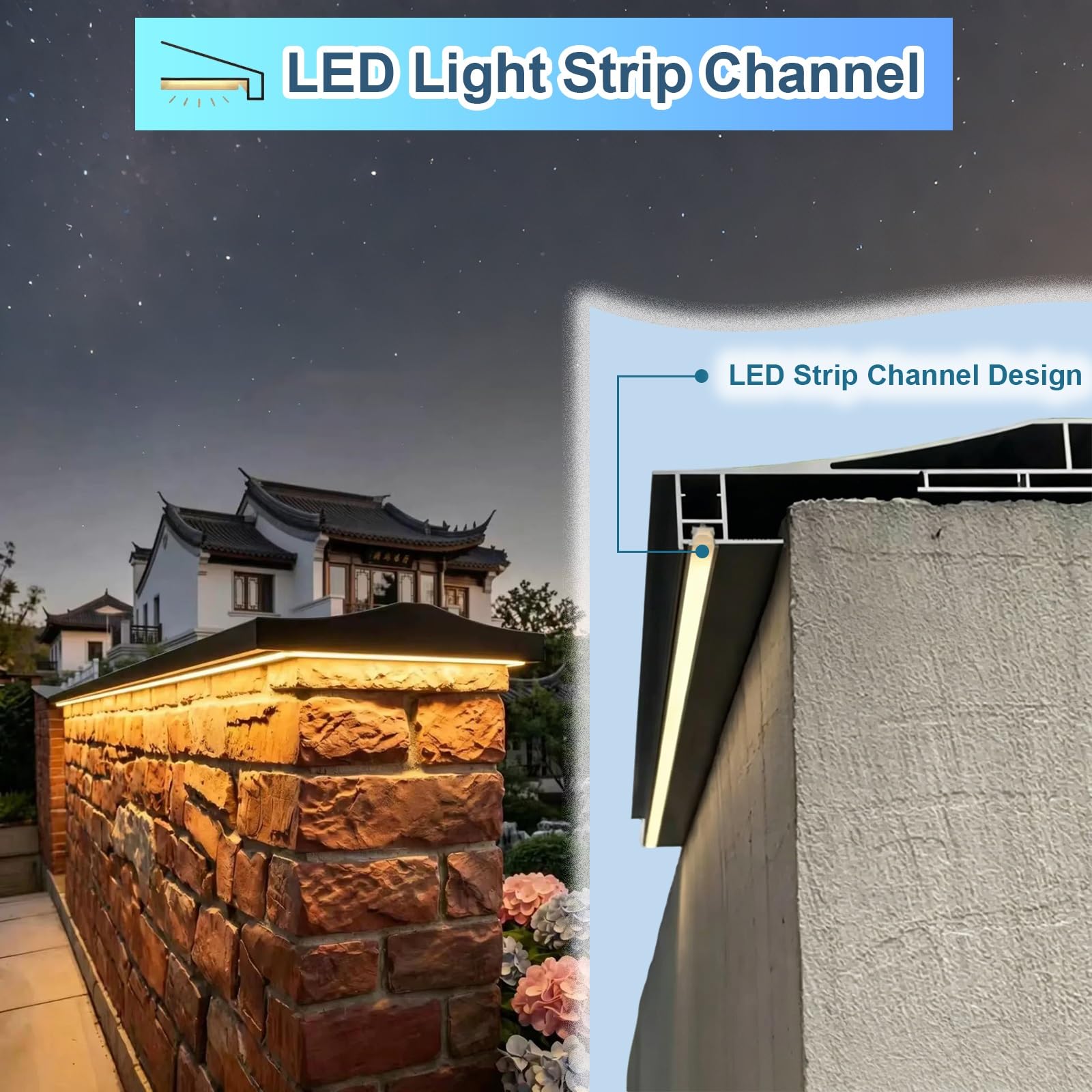 Regenschutz for Brüstungswände aus Aluminium – zuschneidbare Akzentkappe for die Gartenmauer mit LED-Lichtleistenkanälen – langlebig, wetterbeständig(268-316mm,3.1ft)