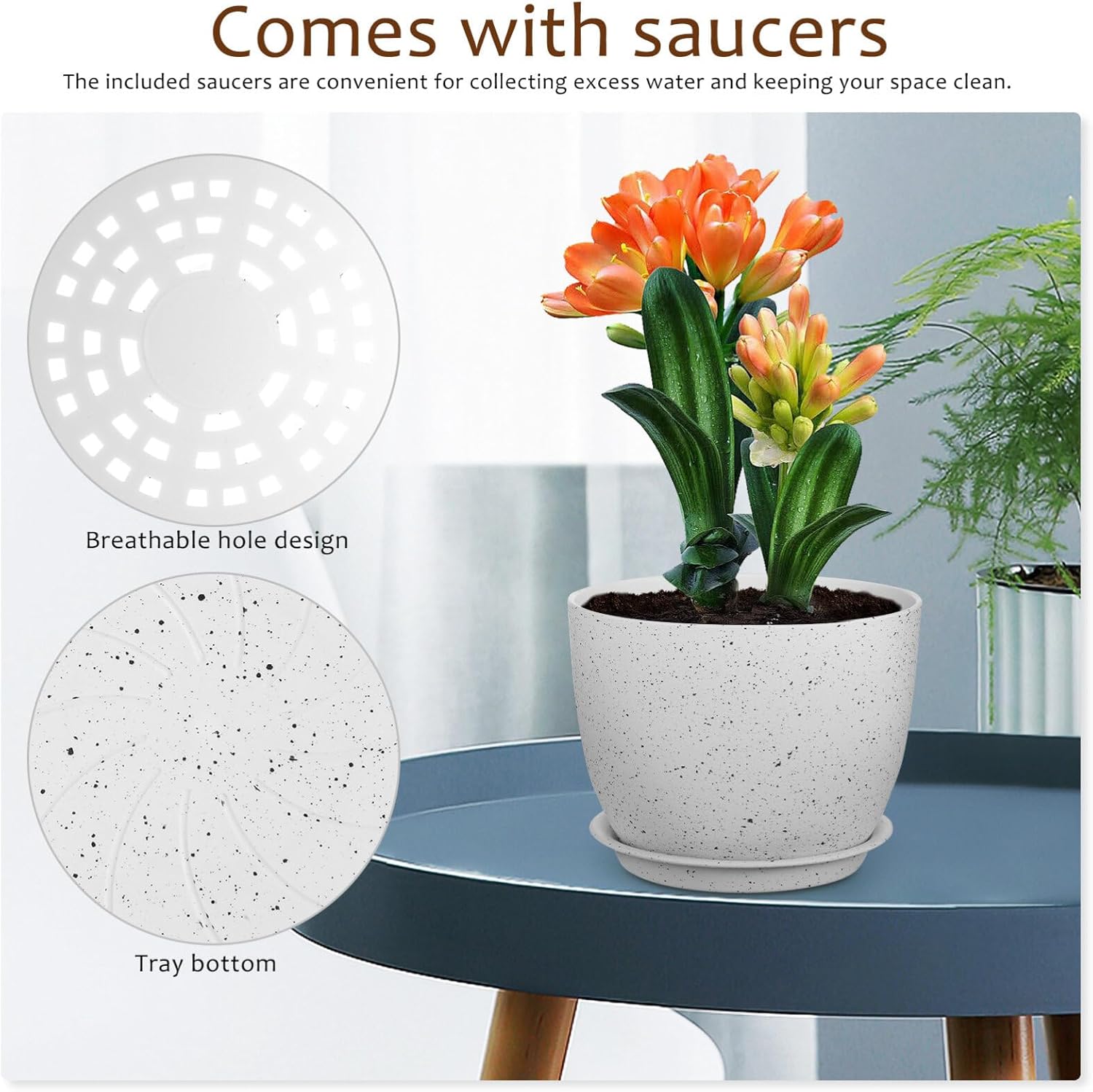 GANAZONO 3-Pack Plant Pots Drainage Holes Saucers Breathable Indoor Flower Pots