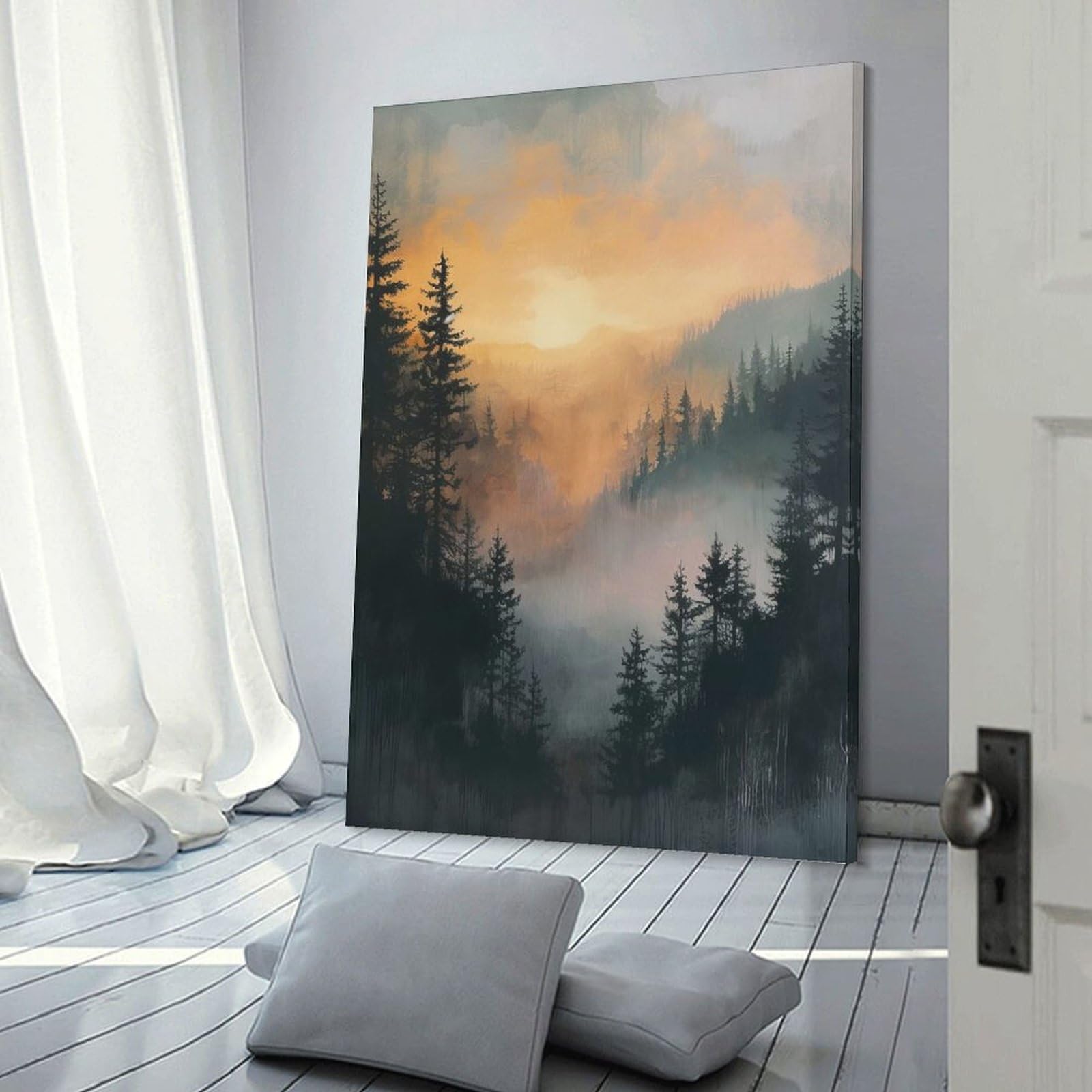 Junmoney Hanging Wall Art Misty Forest Sunset, 24x36inch(60x90cm), for Living Room, Bedroom Or Apartment Walls, Decorative Artwork for Empty Walls