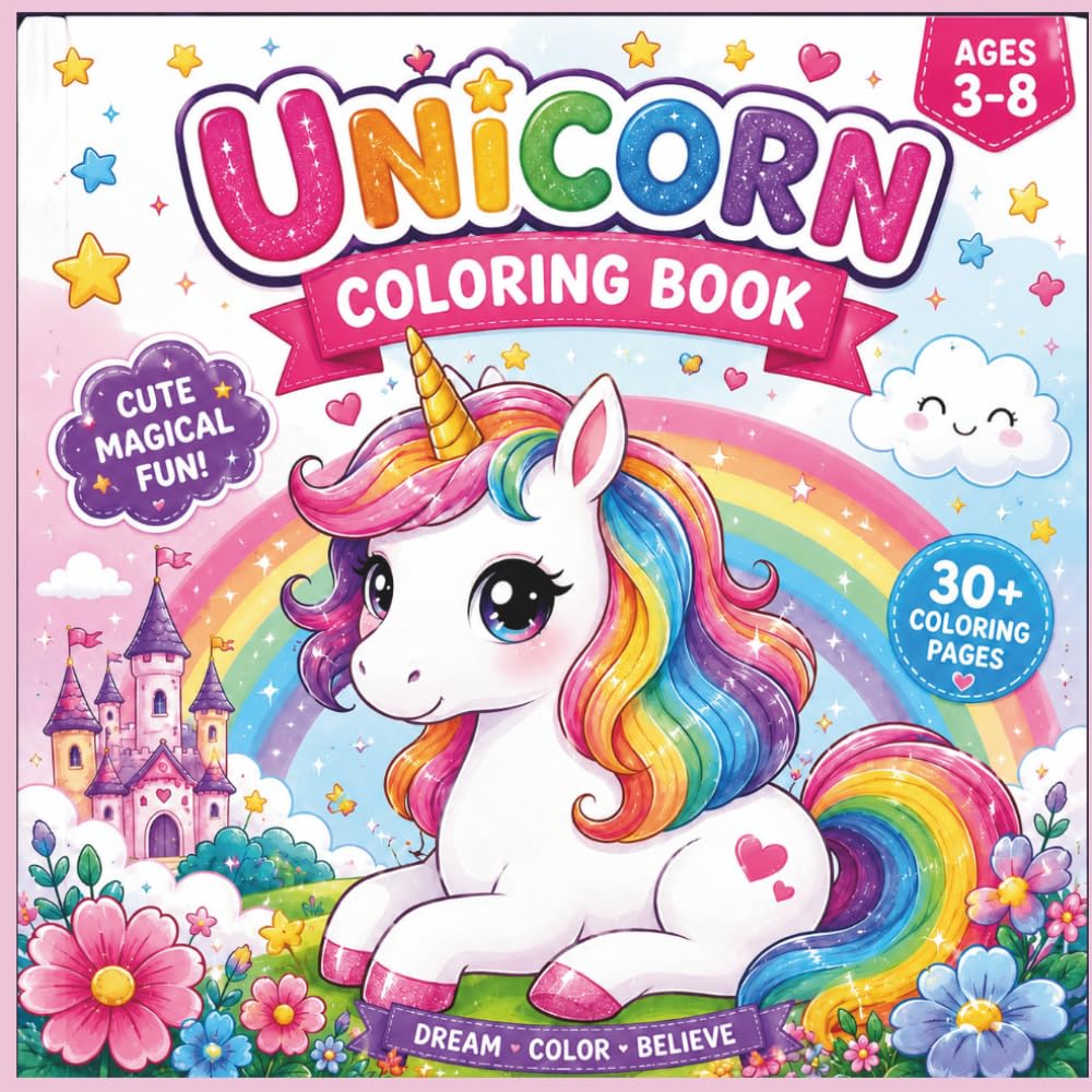 Unicorn Coloring Book for Kids Ages 3-8: 30+ Cute & Magical Unicorn Coloring Pages for Girls and Boys: Fun, Easy & Adorable Unicorns with Rainbows, Castles, Stars, Flowers & Magical Adventures