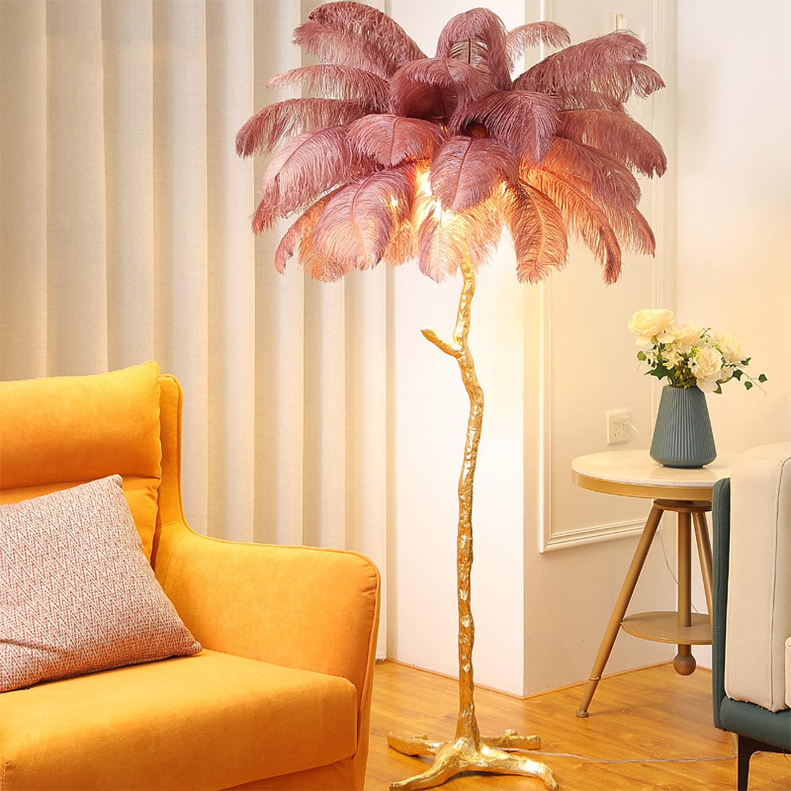 Luxury Real Ostrich Feather Lamp with 5 Led Light Sources for Living Room Bedroom and Office - 100% Resin Standing Decor Gift