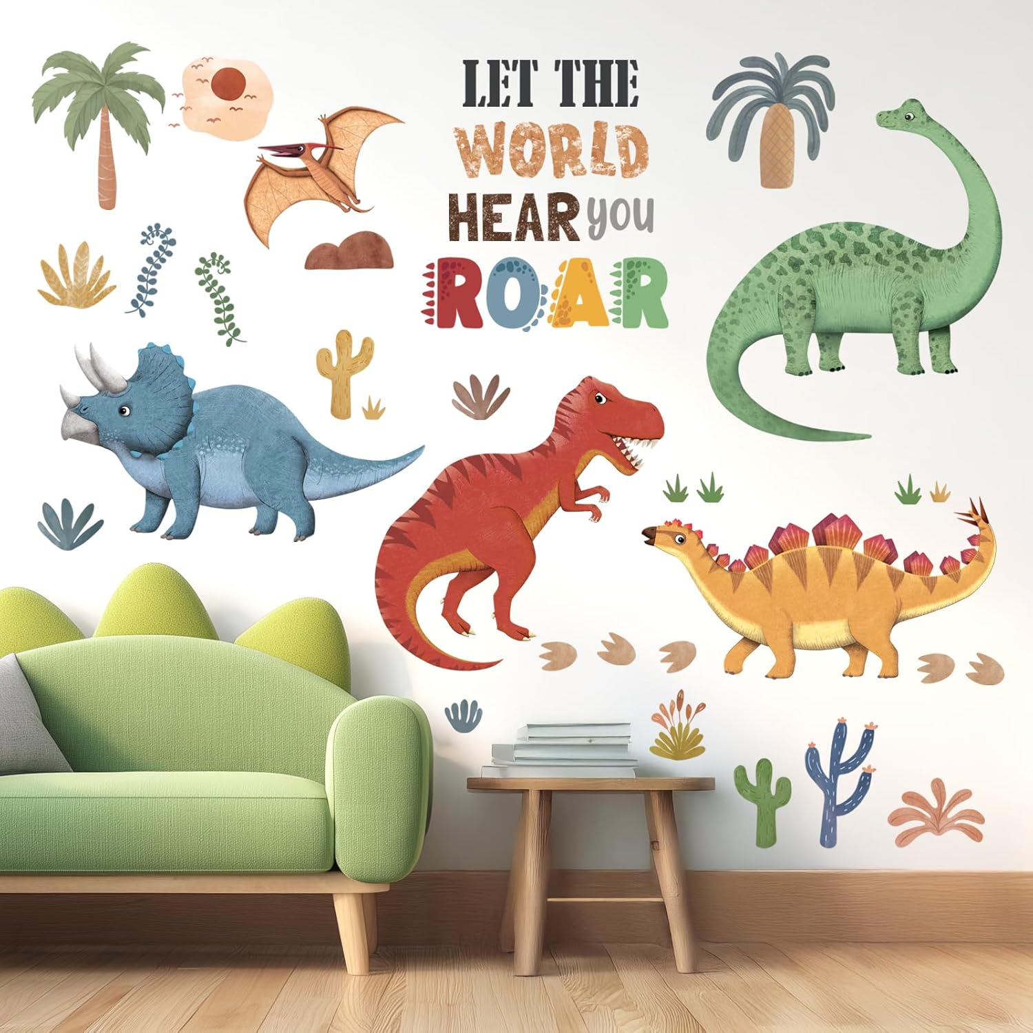 DECOWALL SG2-2425 Colorful 5 Dinosaurs Wall Decals Stickers Dino Palm Tree Baby Nursery Boys Room Bedroom Playroom Decor Gifts for Kids Boho Toddler Peel and Stick Wallpaper