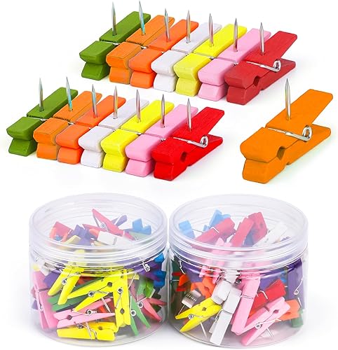 Pinzas de empuje coloridas, tachuelas para el pulgar con clips de madera, 100 pines para tablero de corcho, decoraciones de tablones de anuncios,