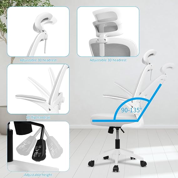 Ergonomic Mesh Office Chair 400LBS, High Back Desk Chair with Lumbar Support, Height Adjustable Swivel Computer Task Chair (White-Mesh)