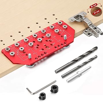 Shelf Pin Jig and Hinge Jig, Aluminum Alloy Shelf Pin Drilling Jig, Self-contained Clamping Function Shelf Peg Hole Jig Cabinet Hardware Jig Woodworking Tool Drill Guide for 5mm and 1/4" Straight Hole