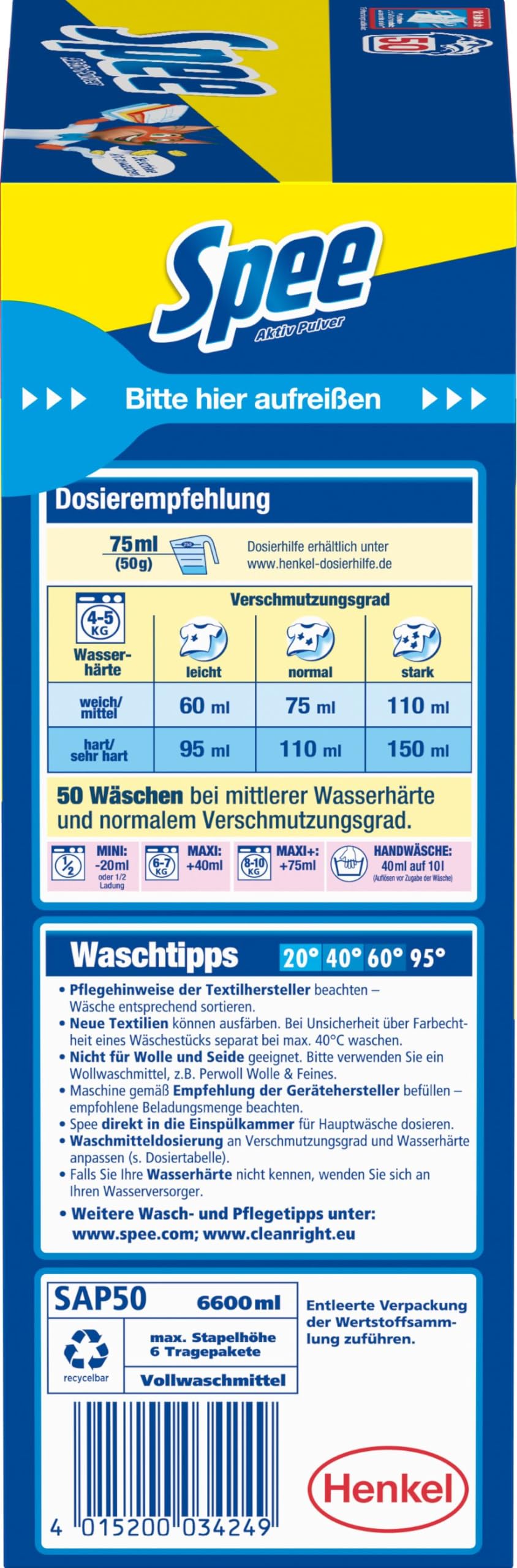 SPEE Aktiv Pulver Universal Vollwaschmittel 4 + 1 (50 Waschladungen), Waschpulver mit 4 + 1 Formel vereint Reinheit, Strahlkraft, Frische & Nachhaltigkeit, 20° - 95° C