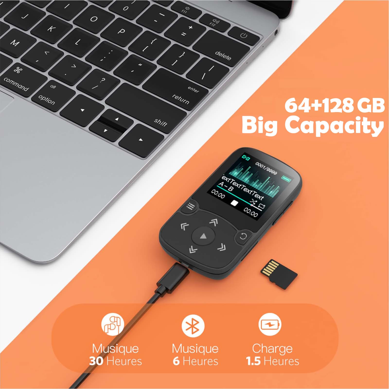 AGPTEK Lecteur MP3 64 Go avec clip, A65 Bluetooth 5.3 son sans perte avec radio FM, enregistreur vocal pour course à pied, prend en charge jusqu'à 128 Go TF carte, noir