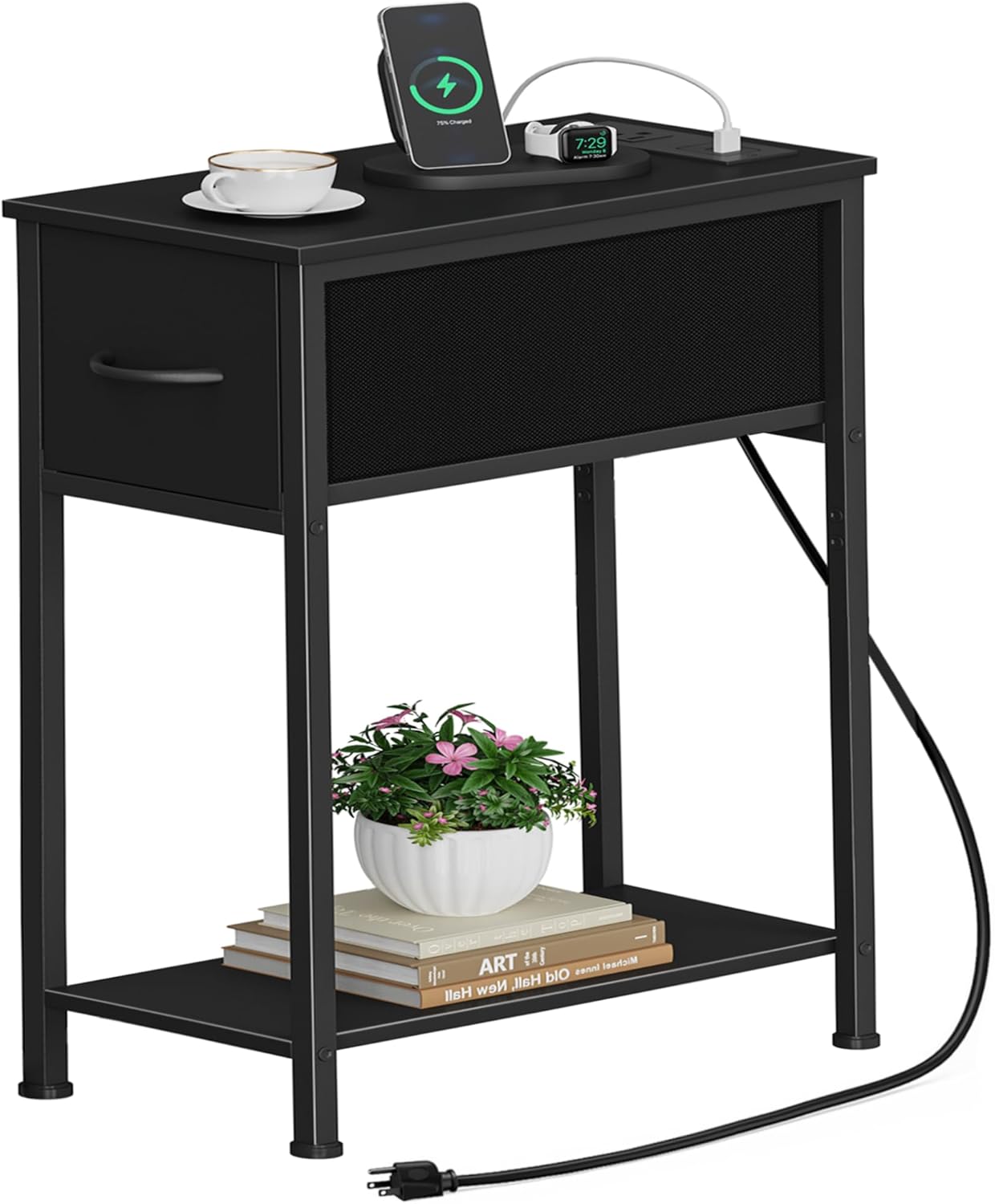Vagusicc End Table with Charging Station, Narrow Side Table Nightstand with Fabric Drawer, Slim Nightstand for Bedroom, Small Bedside Table, Slim Sofa Side Table for Small Spaces, Black