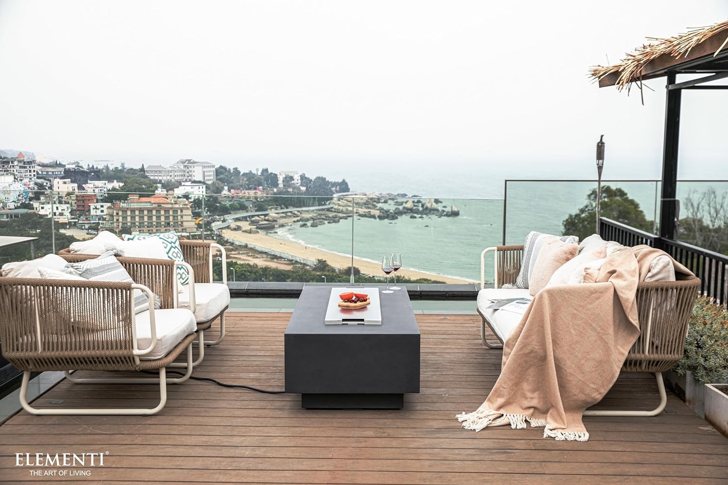 Elementi Granville Gas Fire Pit Bundle Concrete Fire Table, Outdoor Fire Pit Electronic Ignition | Canvas Cover, Lava Rock Included | Free AMS Wind Guard | Dark Gray (Propane Gas)