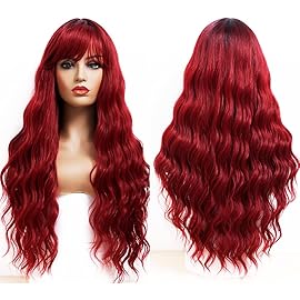 ANDRIA Red Wig with Bangs Ombre Burgundy Red Color Wig Wet and Wavy Long Loose Curly Wave Synthetic Heat Resistant Fiber Hair Gray Wigs for Women 26 Inch